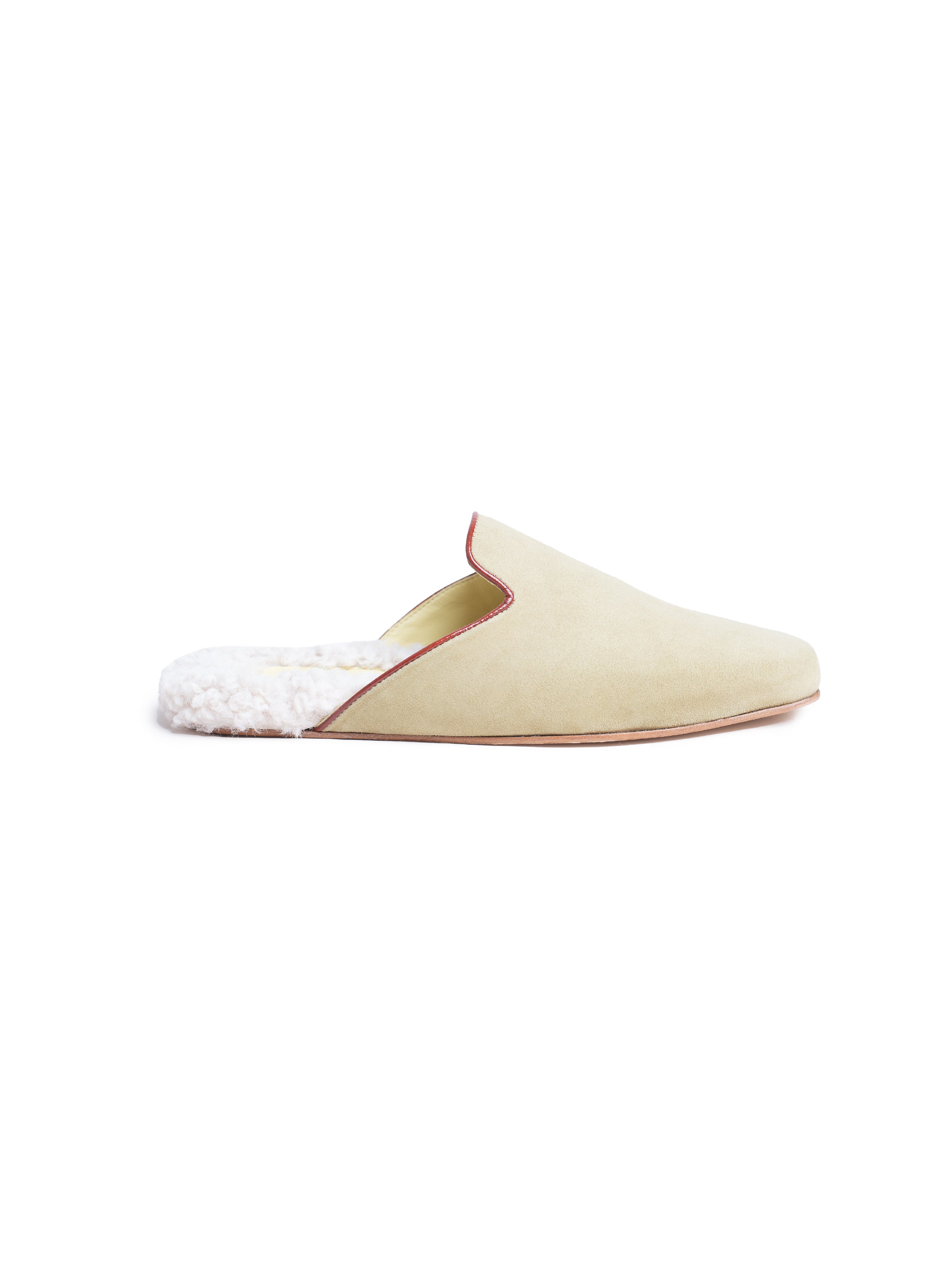 Olive green suede slipper with white fur lining on a white background