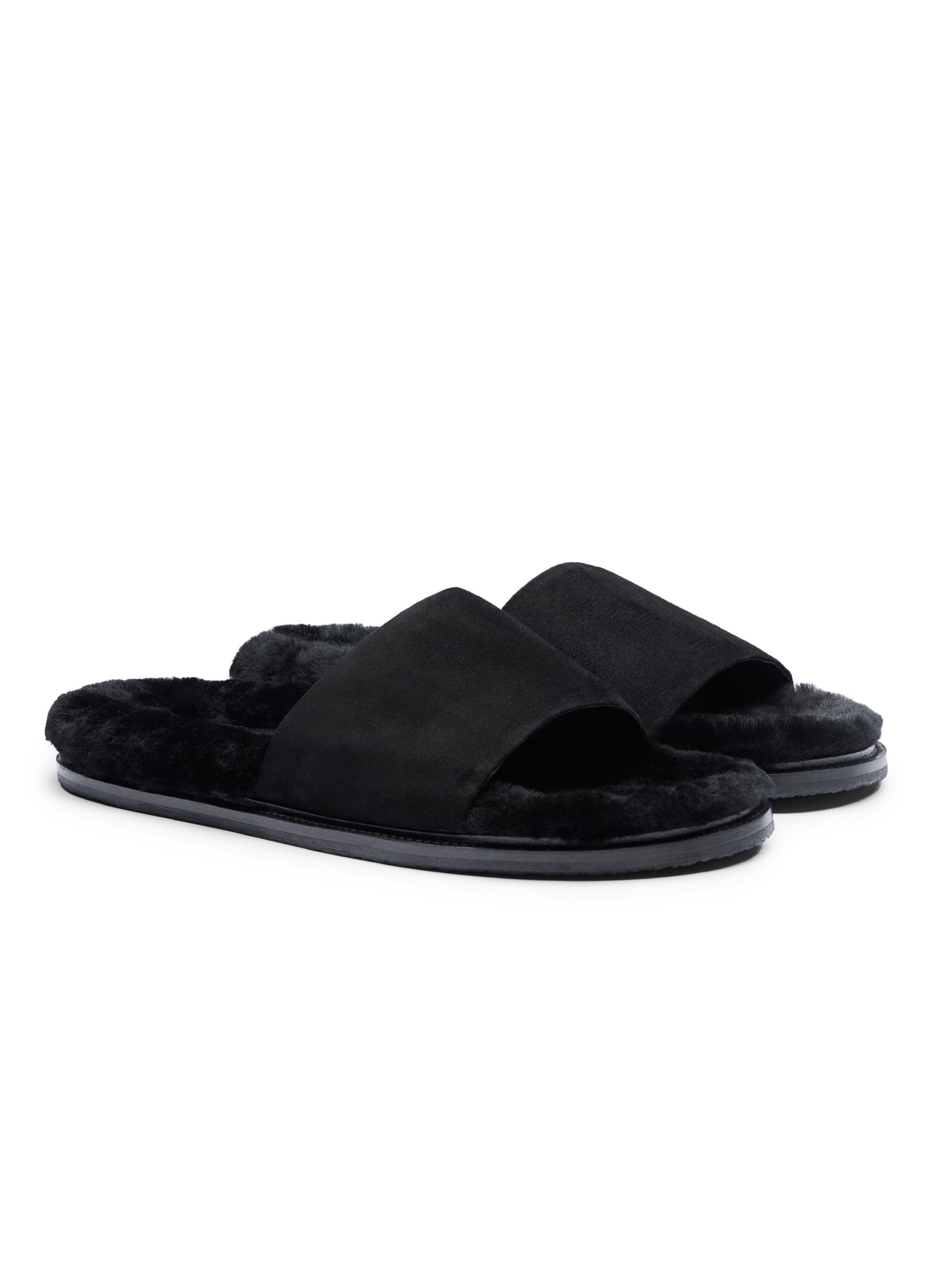 Men's pair of slip-in slippers with black fur lining, black suede, and rubber sole on a white background.