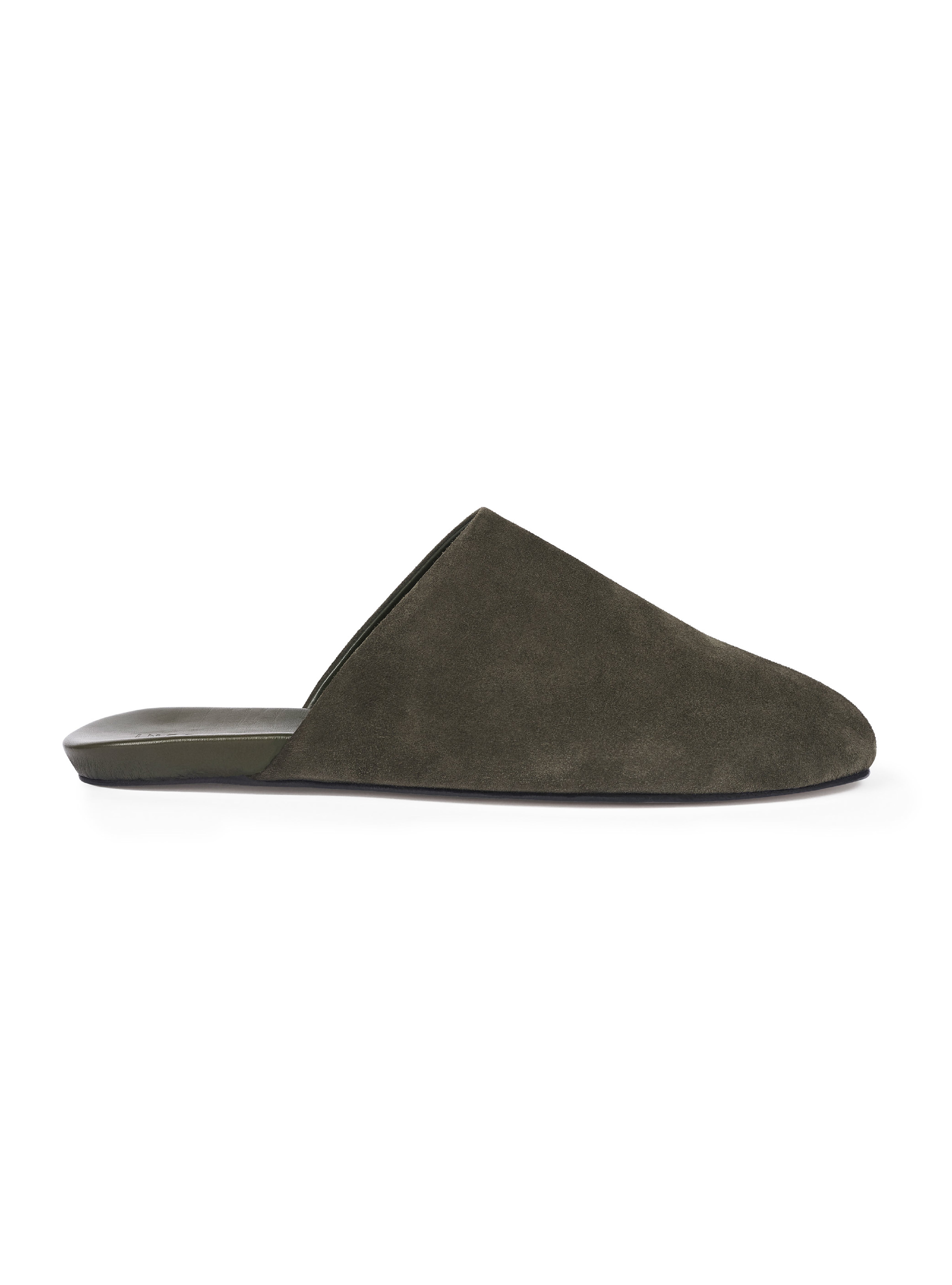Men's pair of green suede suede slippers on a white background