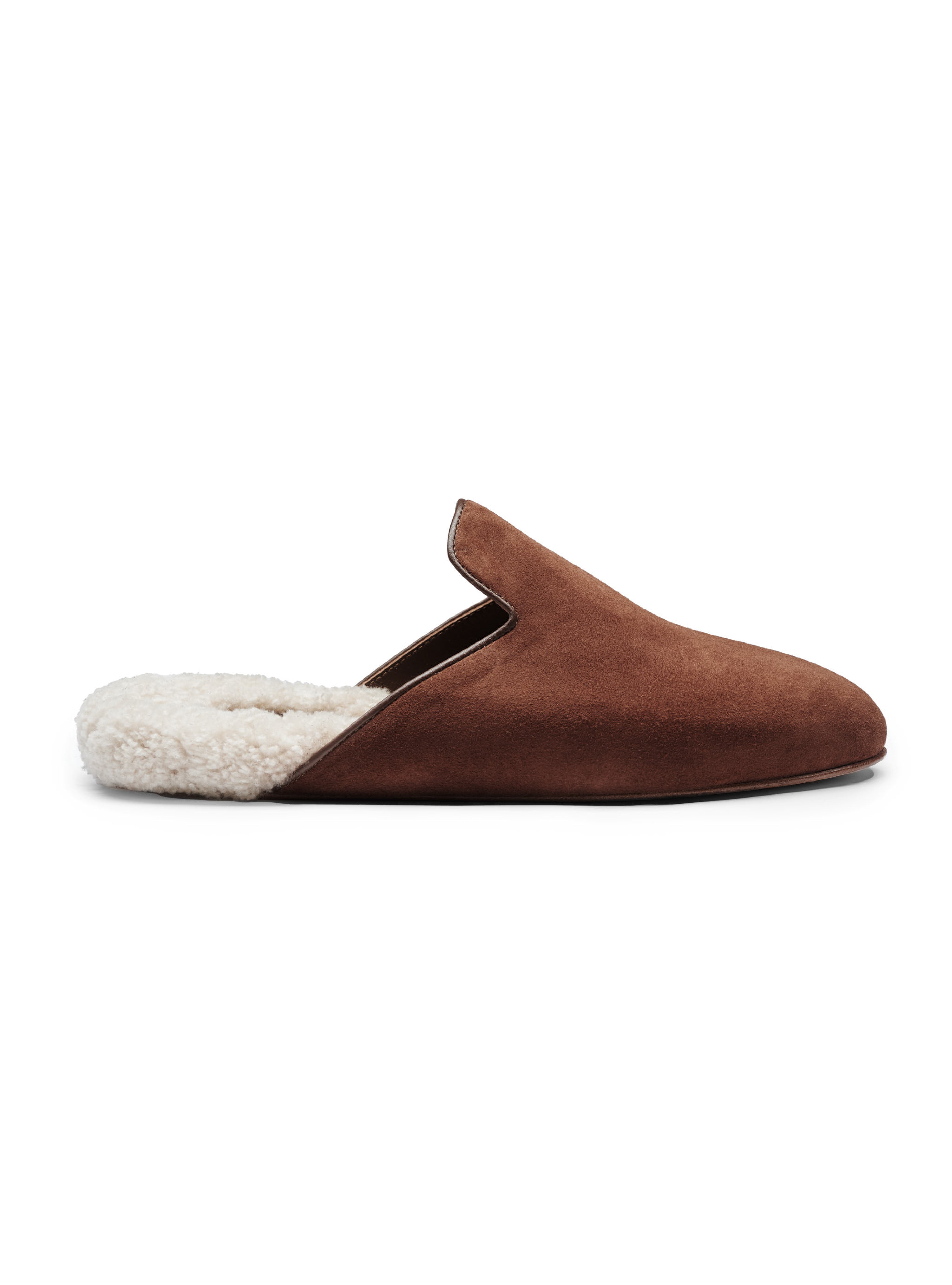 Men's pair of brown suede slippers with white fur lining on a white background