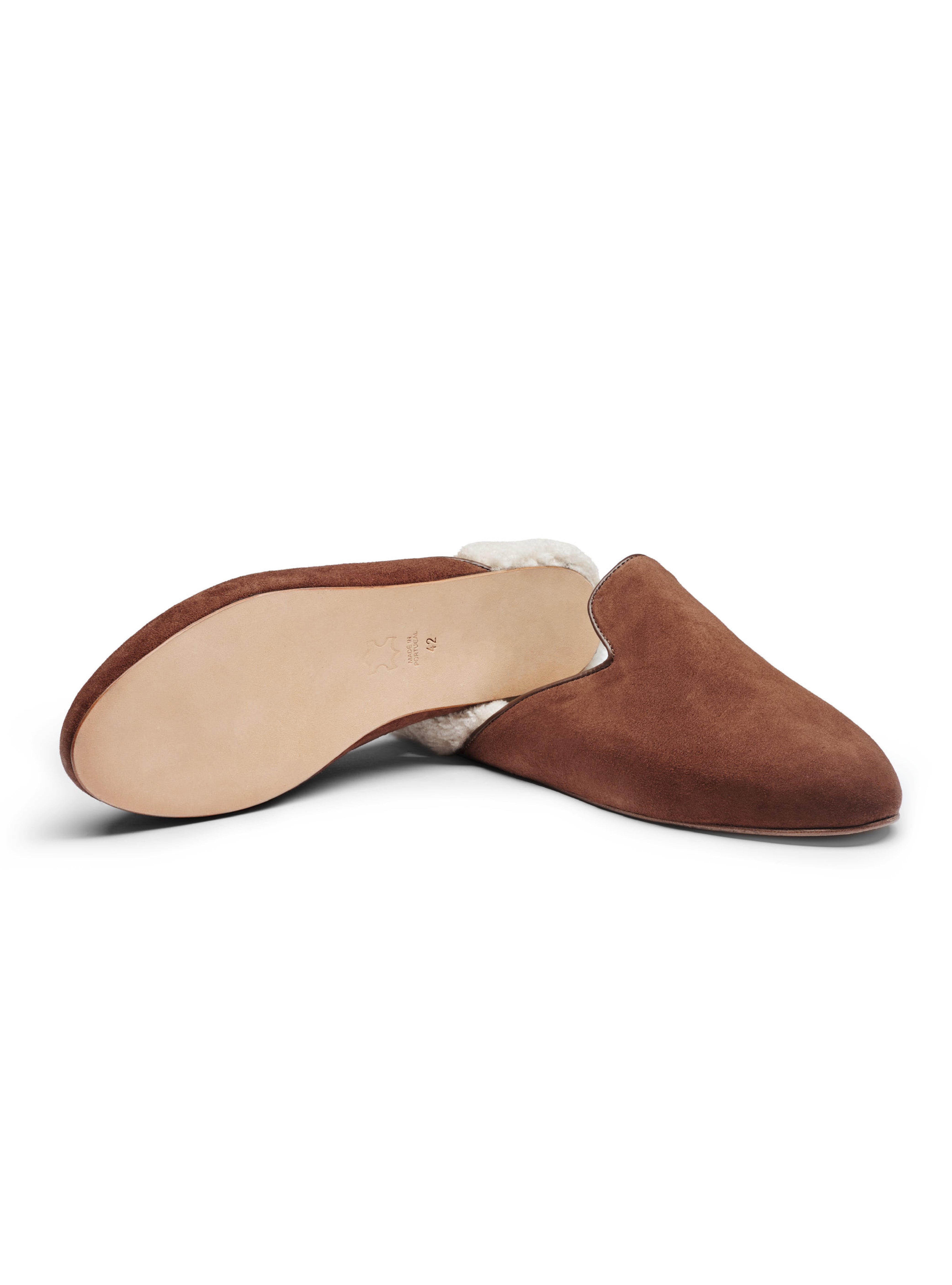 Men's pair of brown suede slippers with white fur lining and leather outsole on a white background