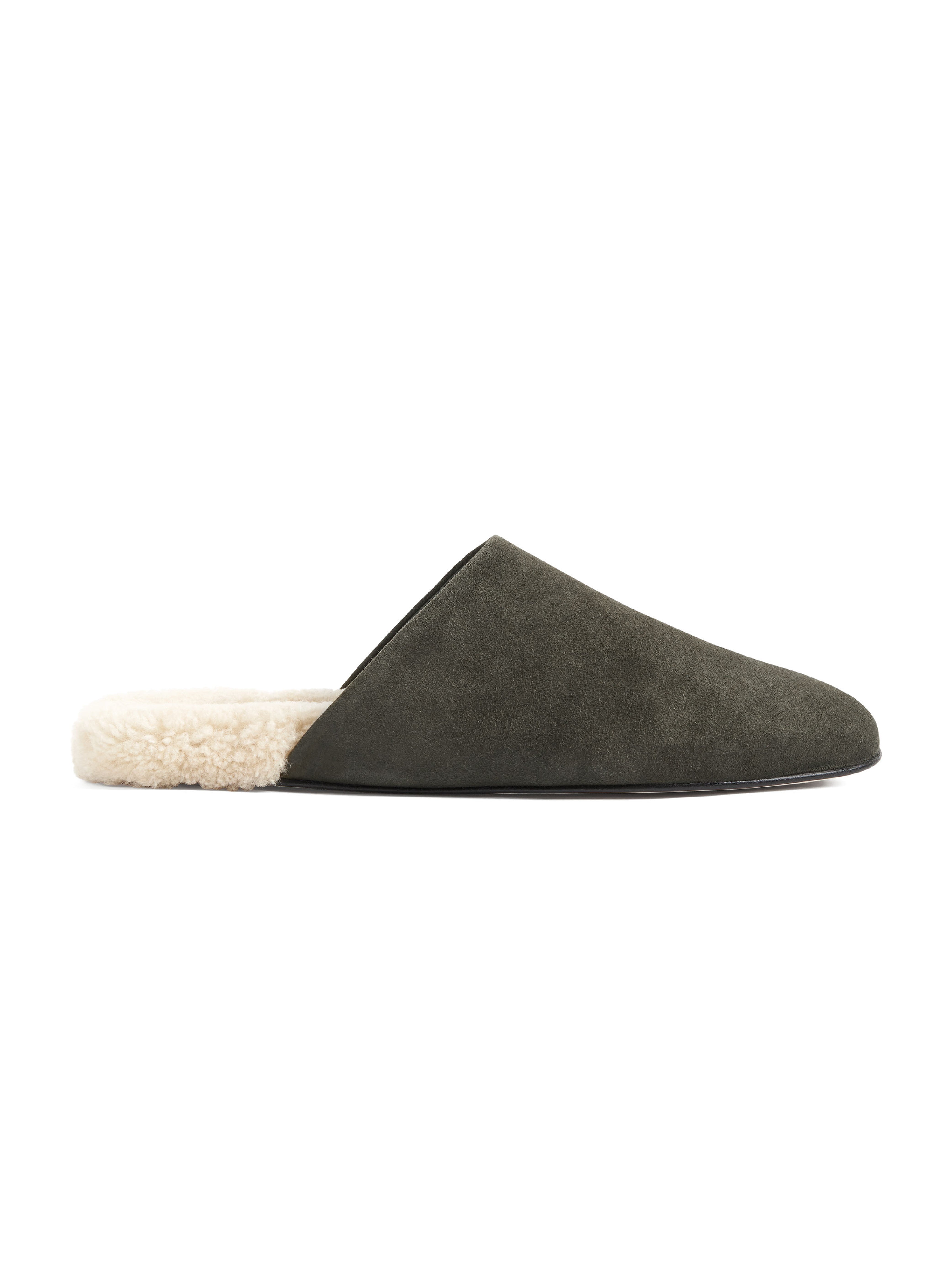 Men's pair of green suede slippers with white fur lining on a white background