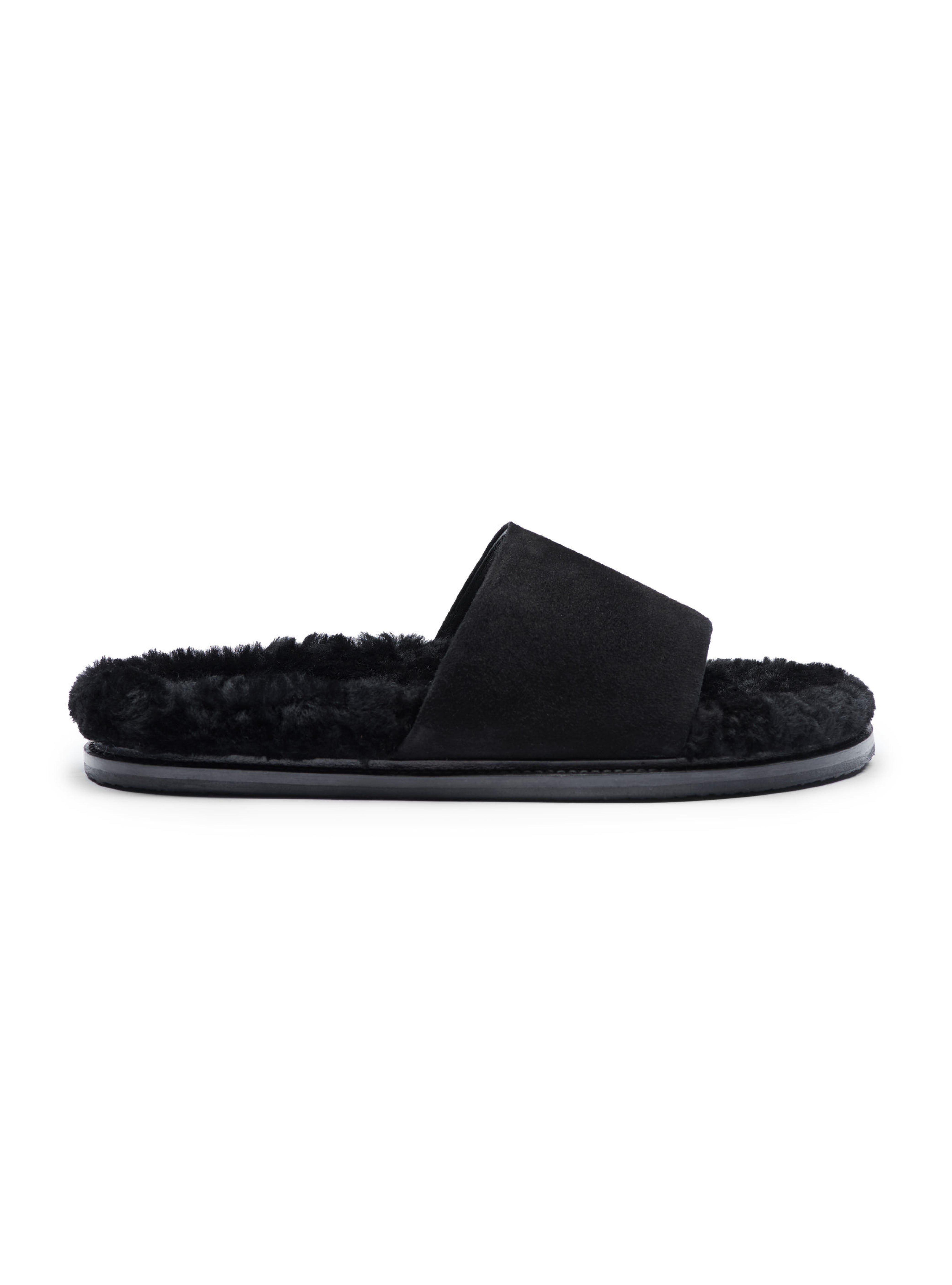 Women's black shearling slip-in slipper on white background.