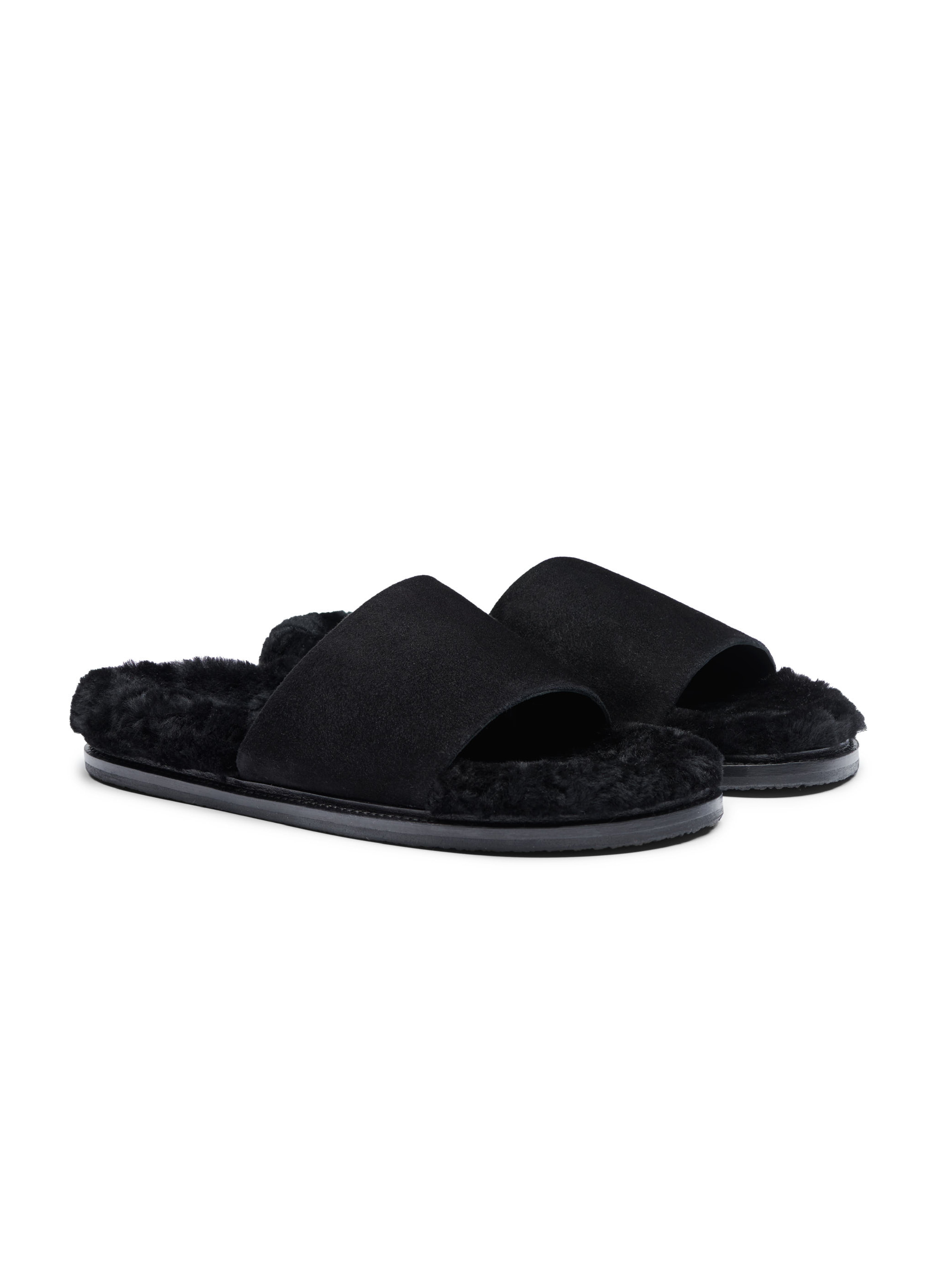 Women's pair of black shearling slip-in slippers on white background.