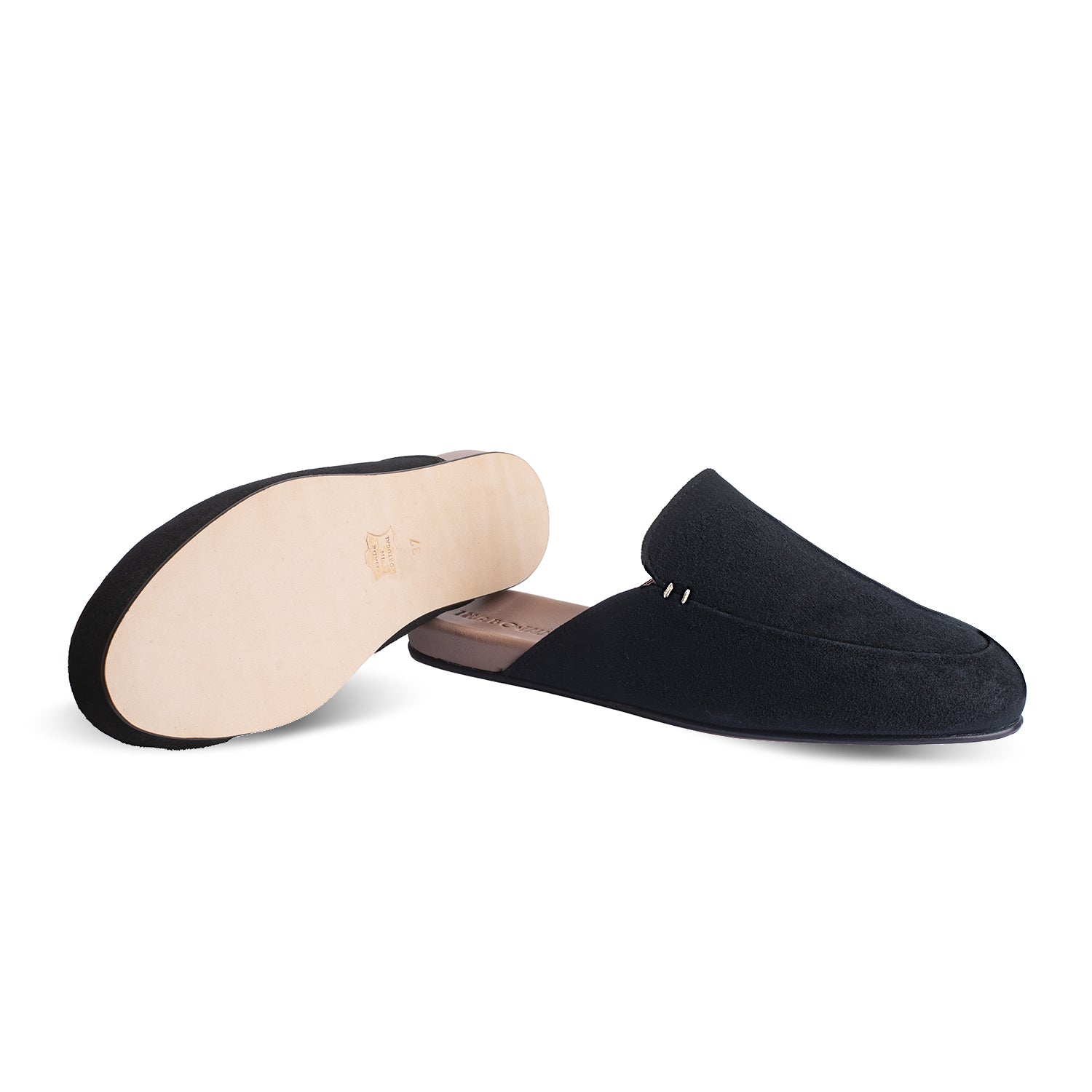 Black suede slippers with leather outsole