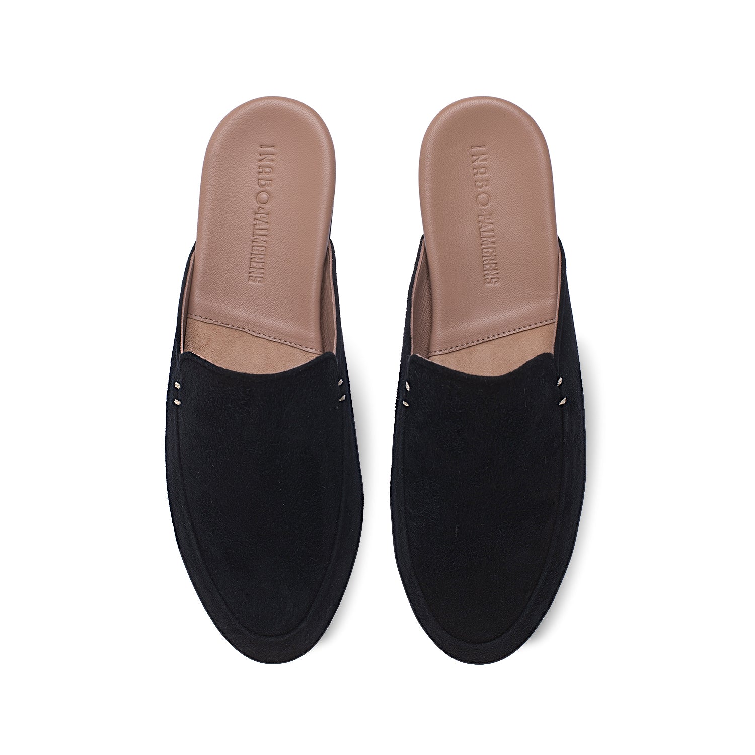 Black suede slippers with beige footbed