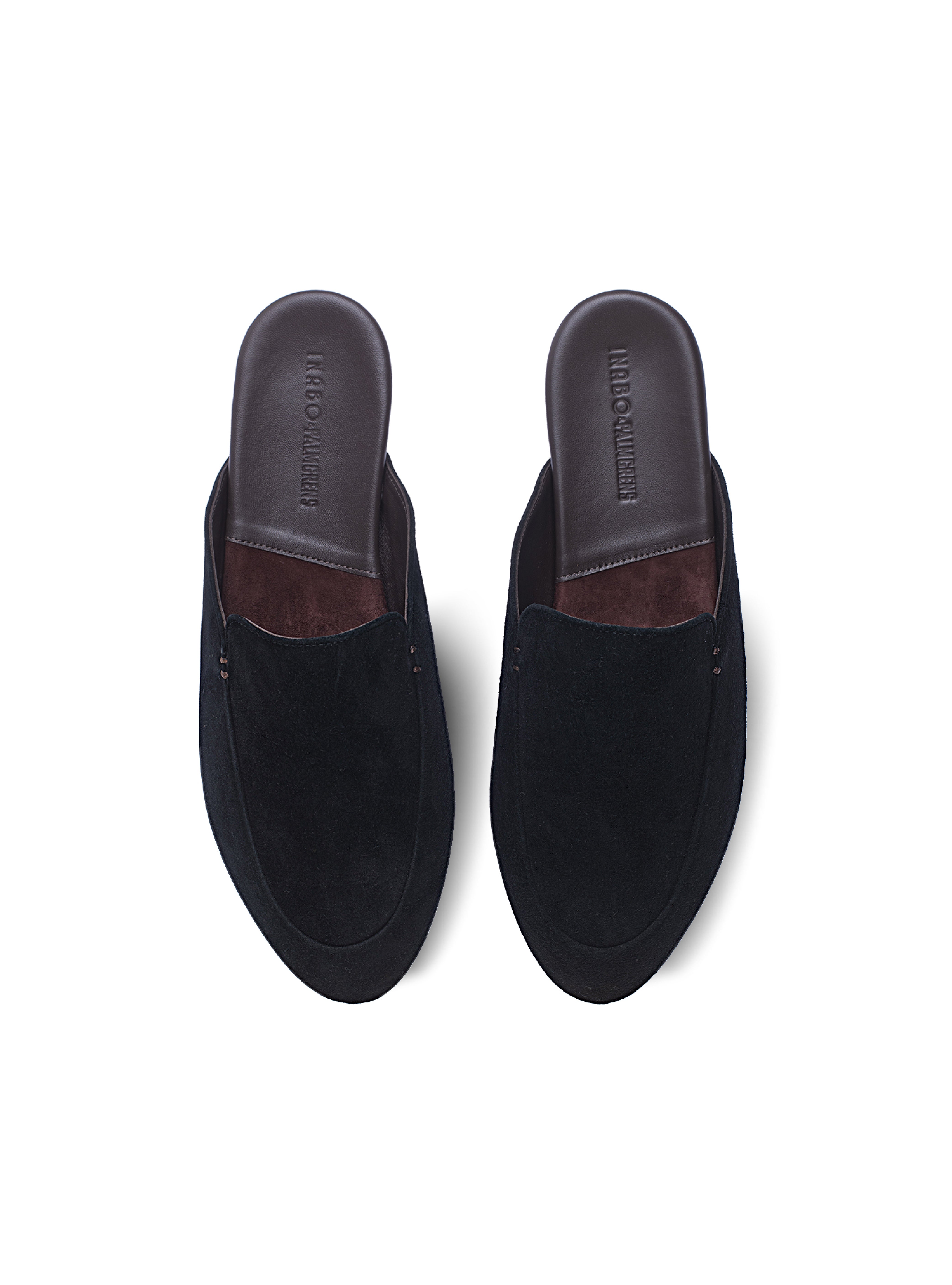 Men's pair of black suede loafers with brown interior on a white background.