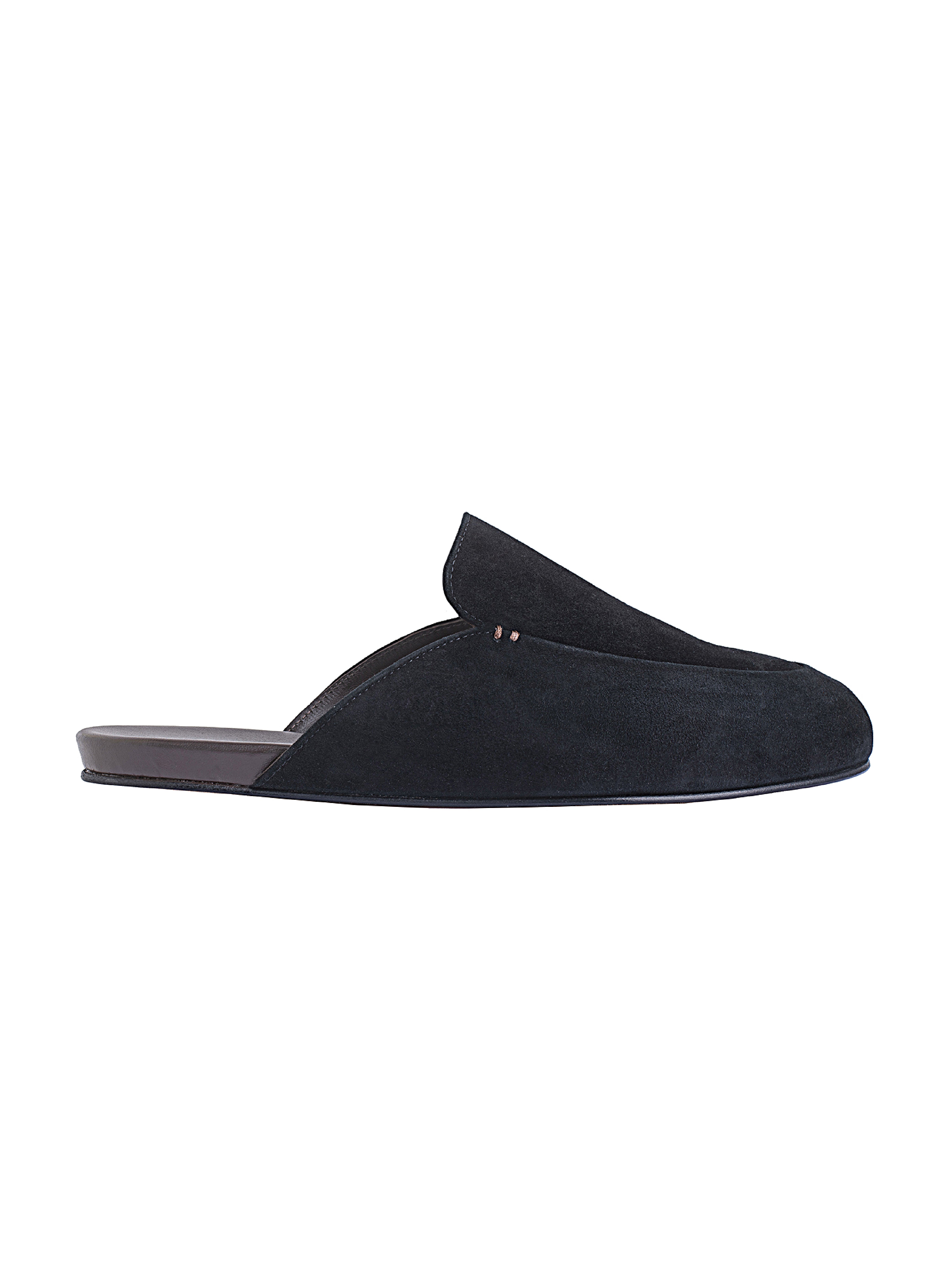 Men's black suede slipper on a white background