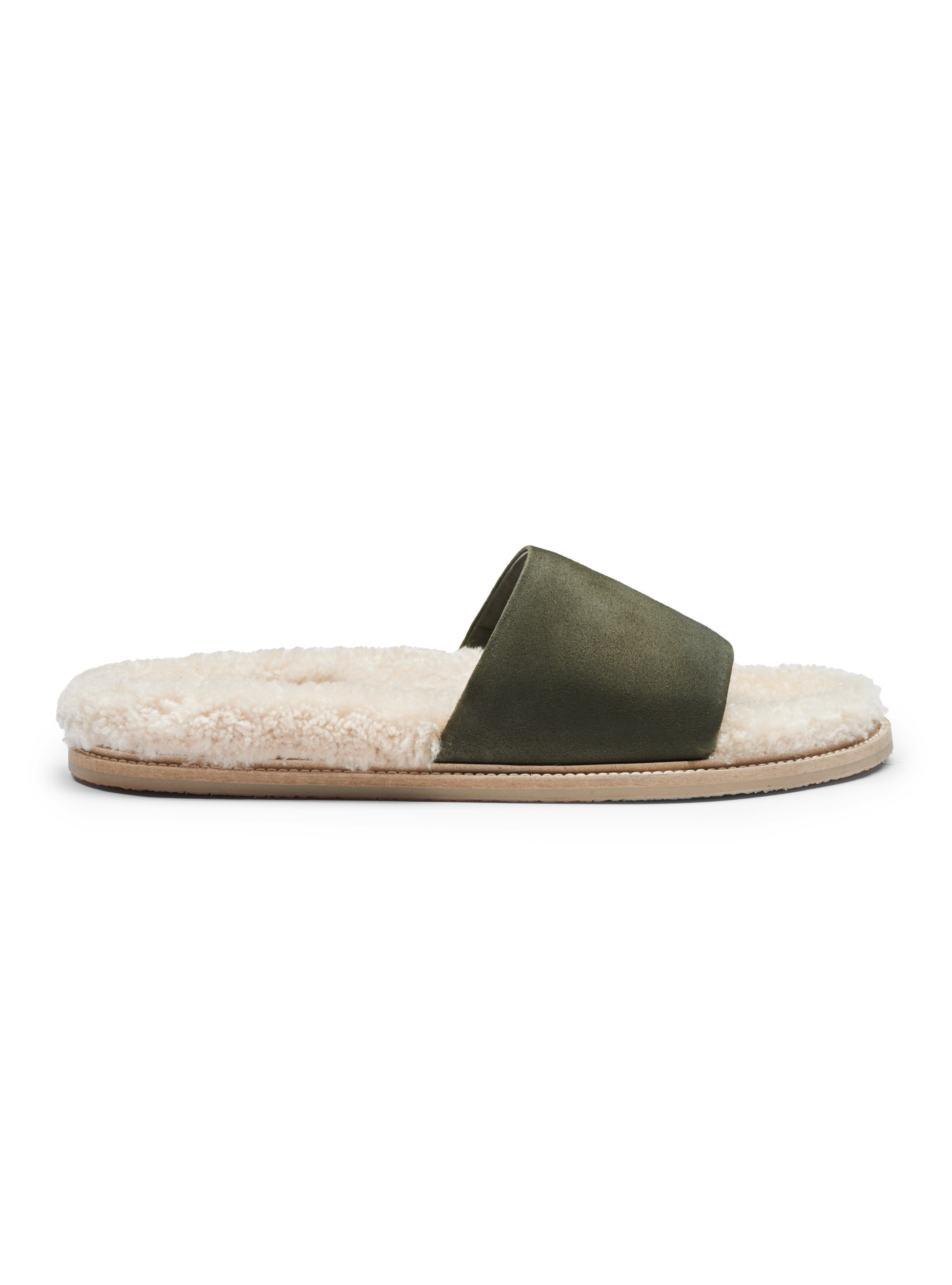 Men's pair of slip-in slippers with white fur lining, green suede, and rubber sole on a white background.