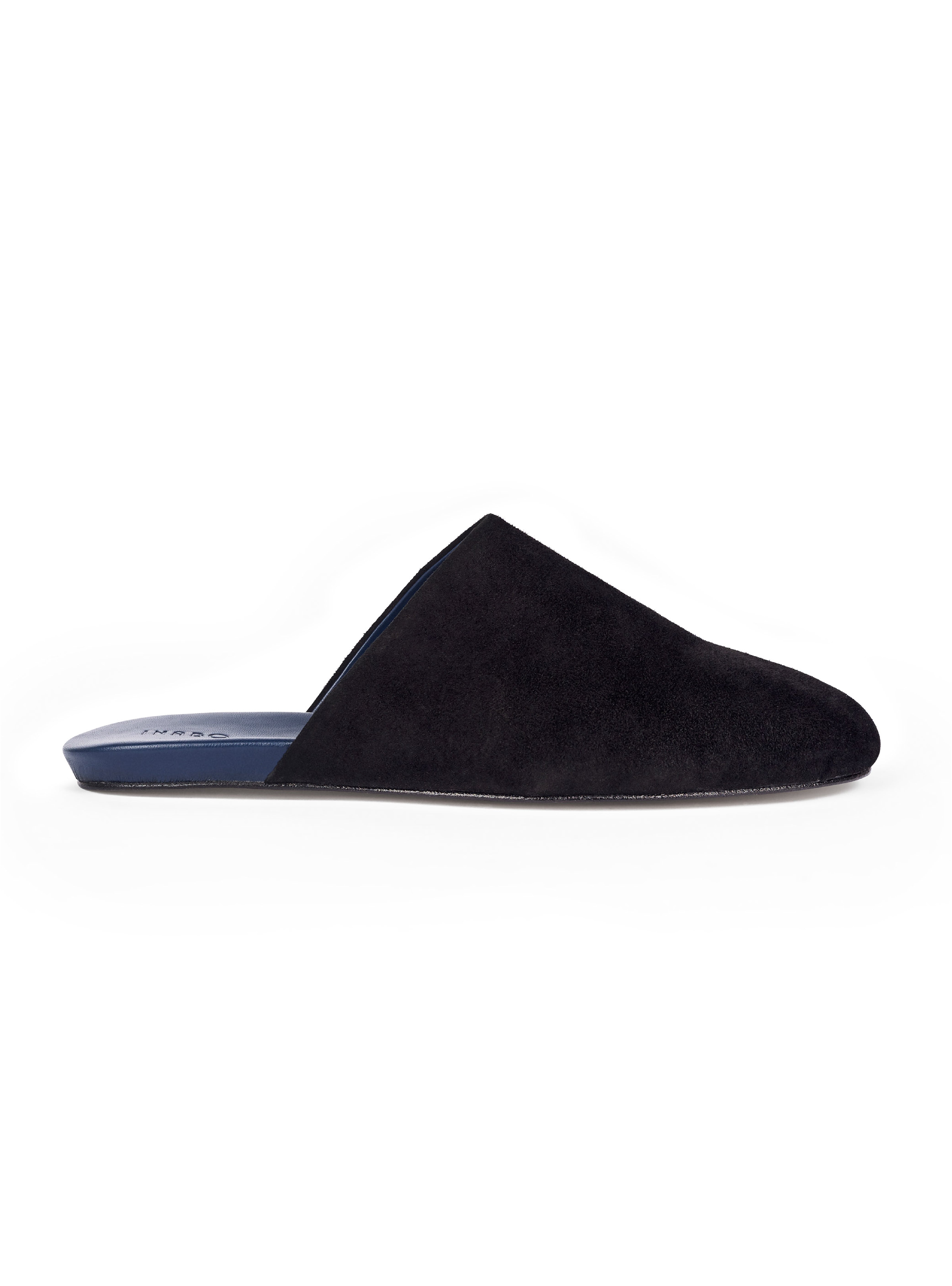 Men's pair of black suede slippers with blue interior on a white background