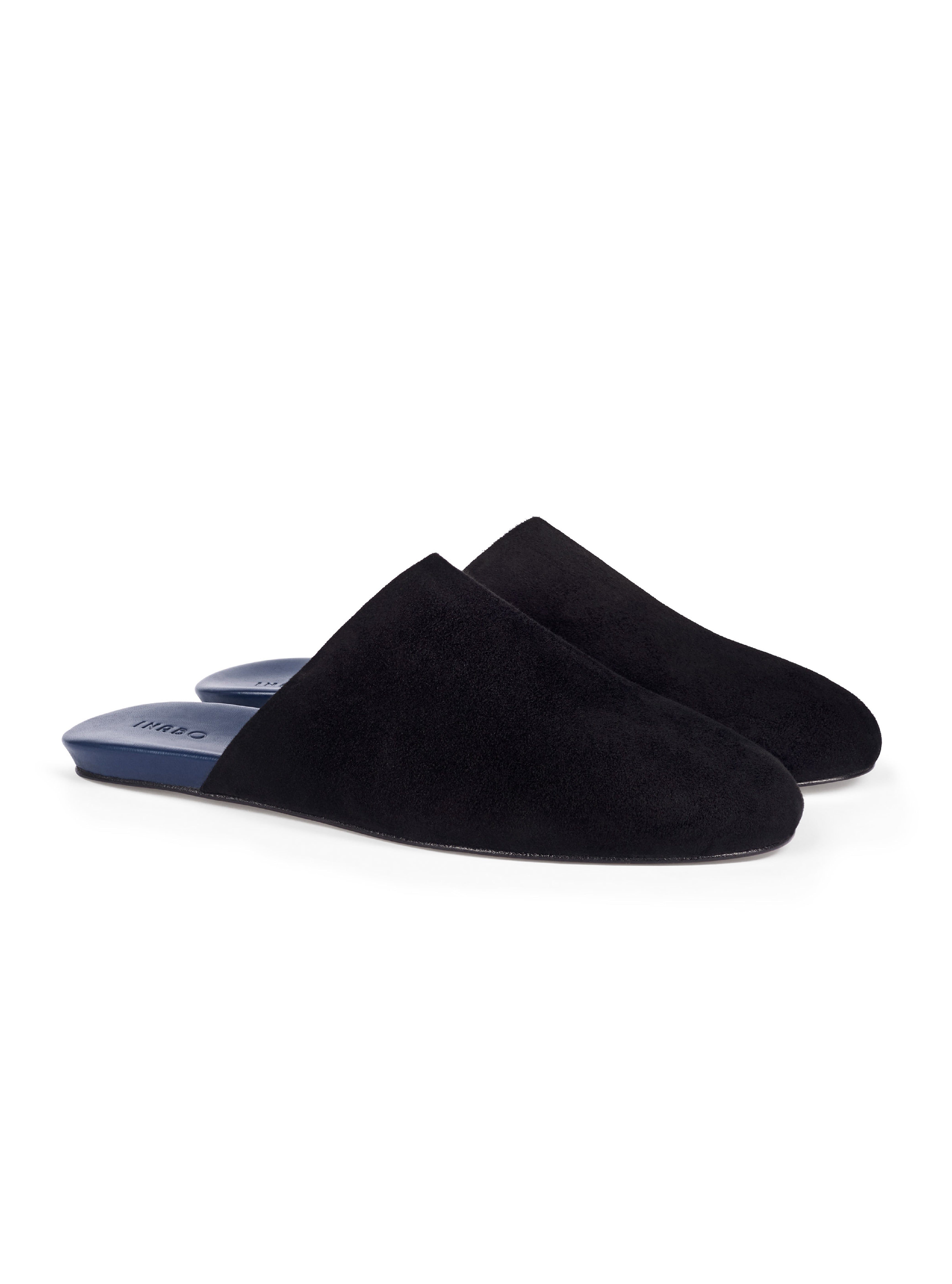 Men's pair of black suede slippers with blue interior on a white background