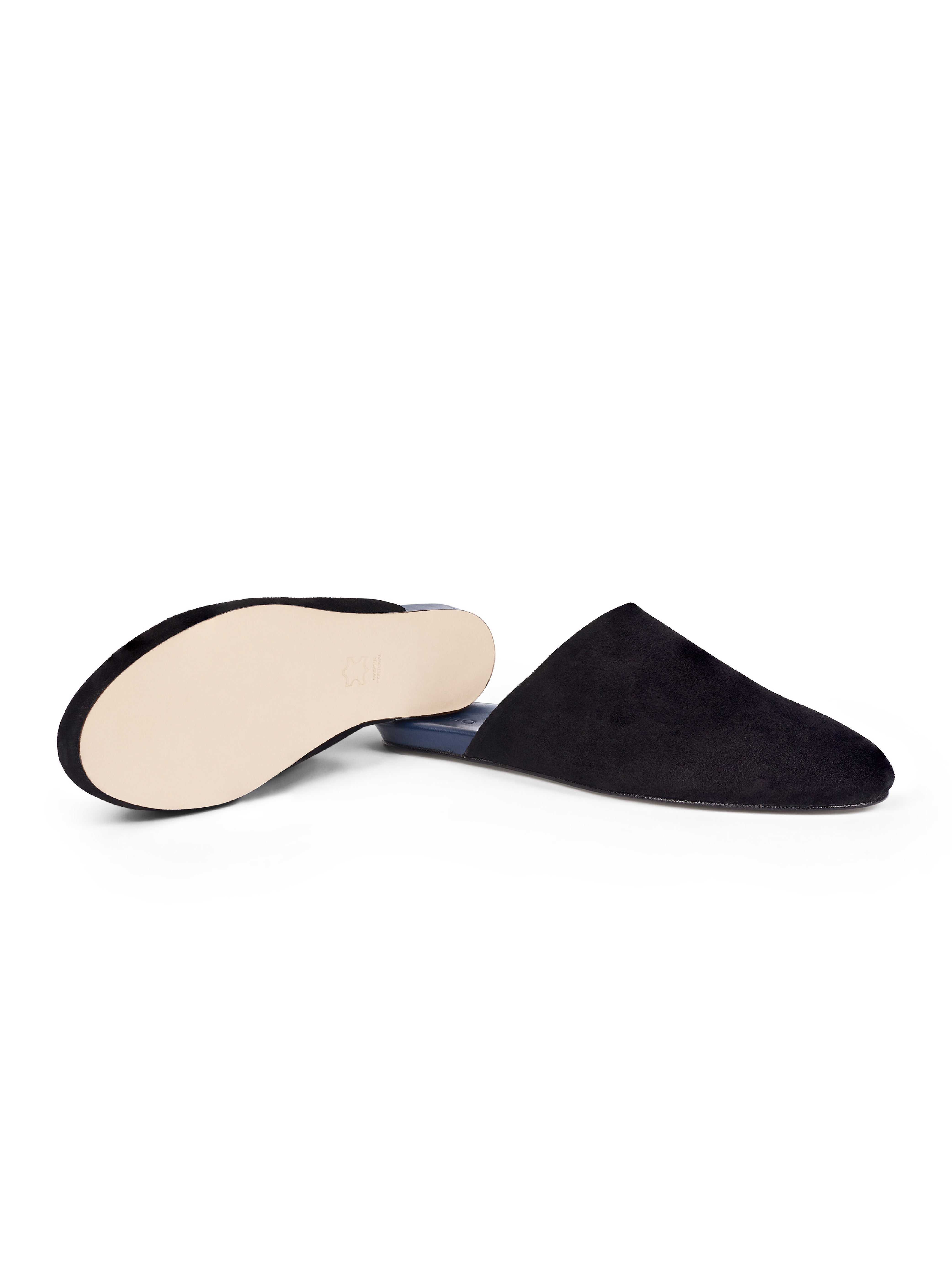 Men's pair of black suede slippers with blue interior on a white background