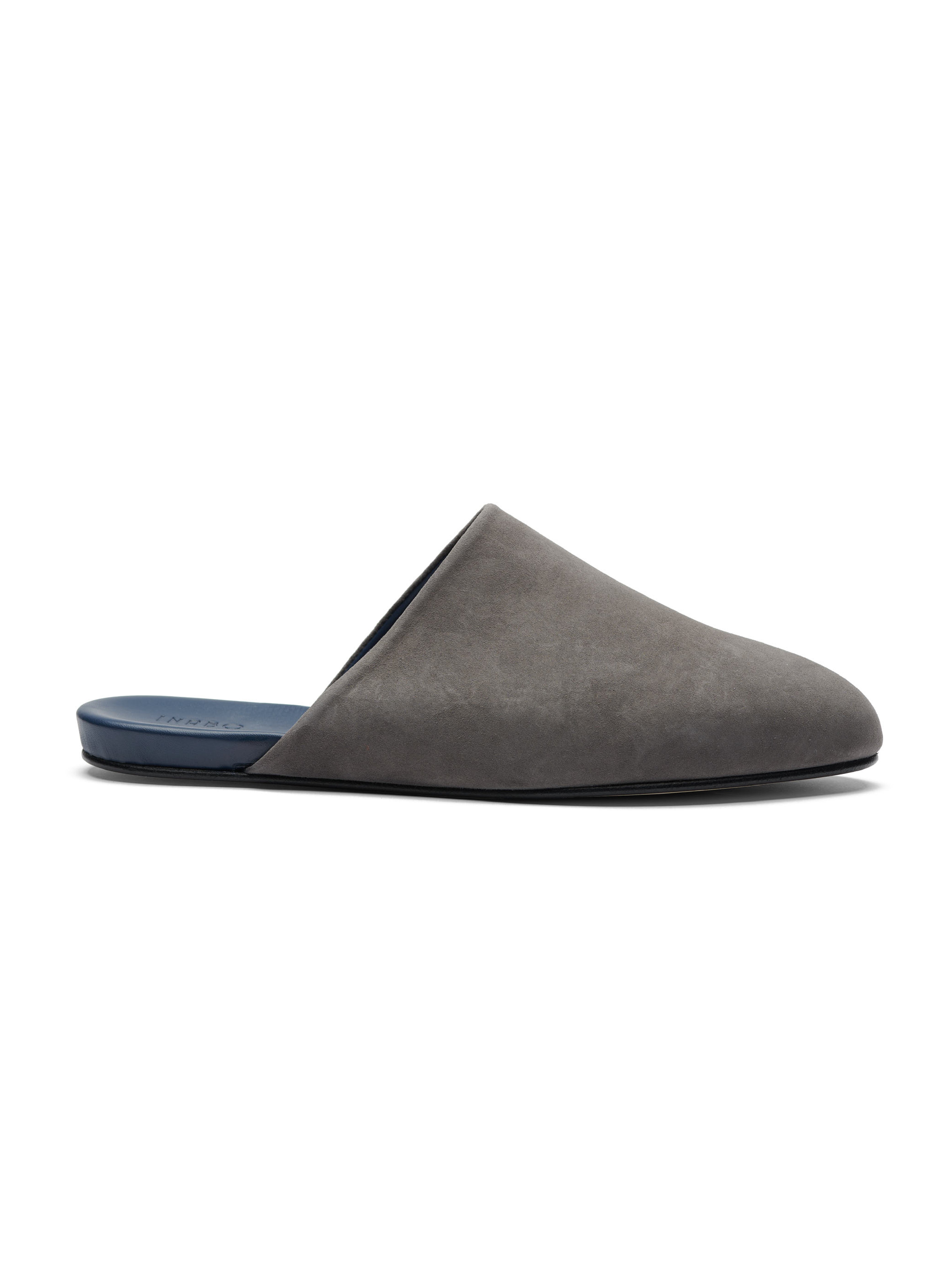 Men's pair of grey suede slippers on a white background