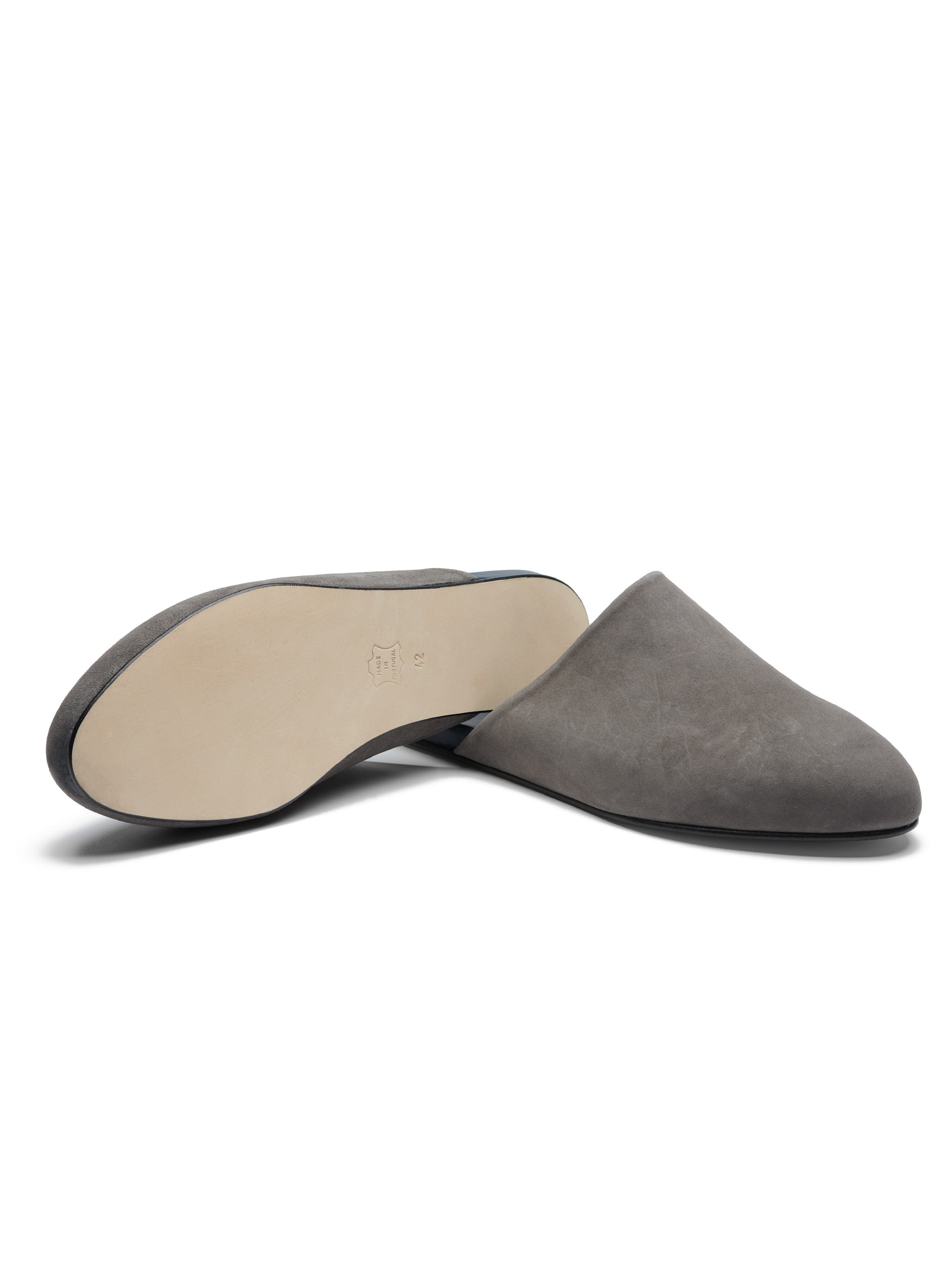 Men's pair of grey suede slippers with leather outsole on a white background