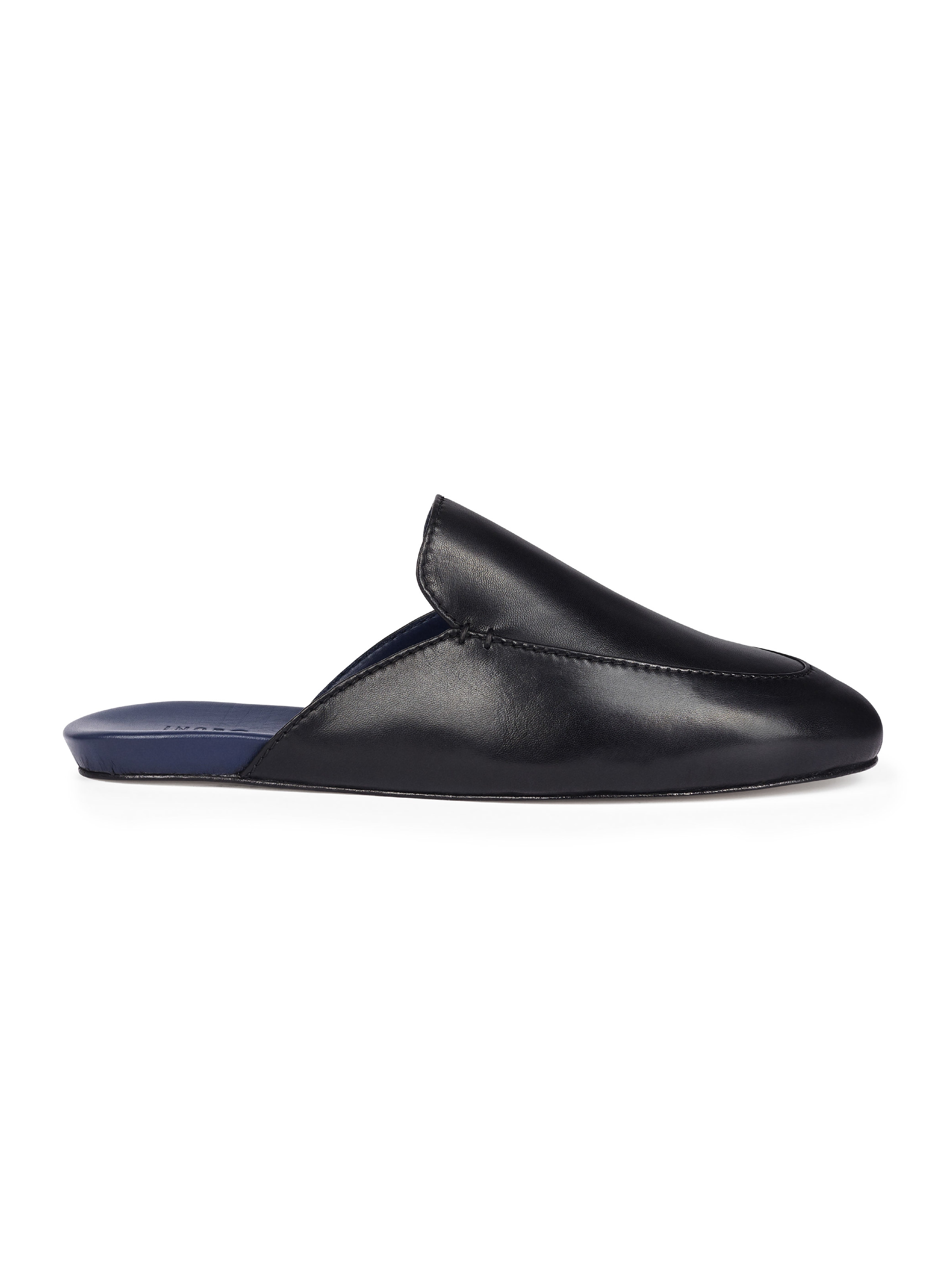 Men's black leather loafers with blue soles on a white background