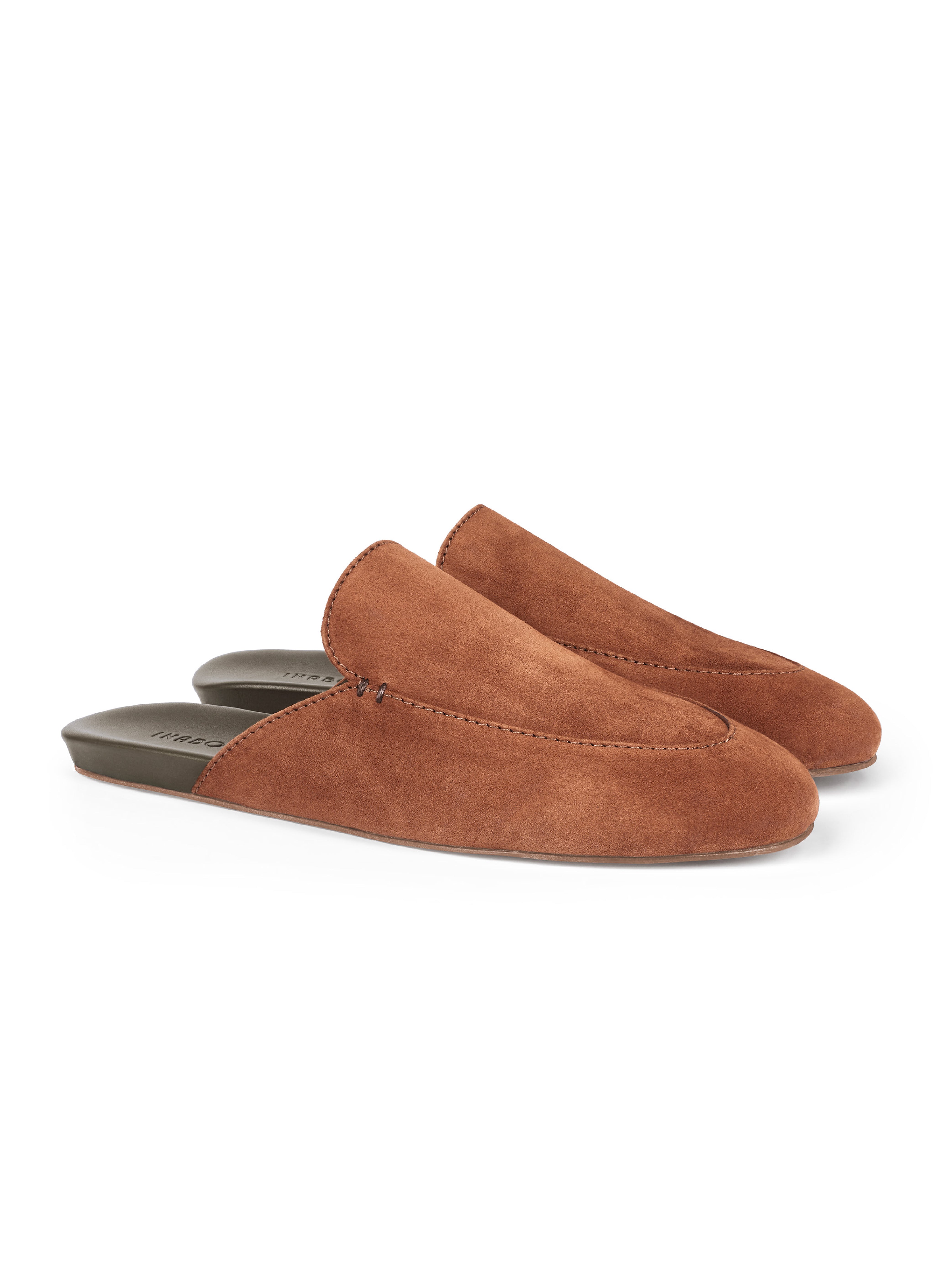 Men's pair of brown suede loafers on a white background