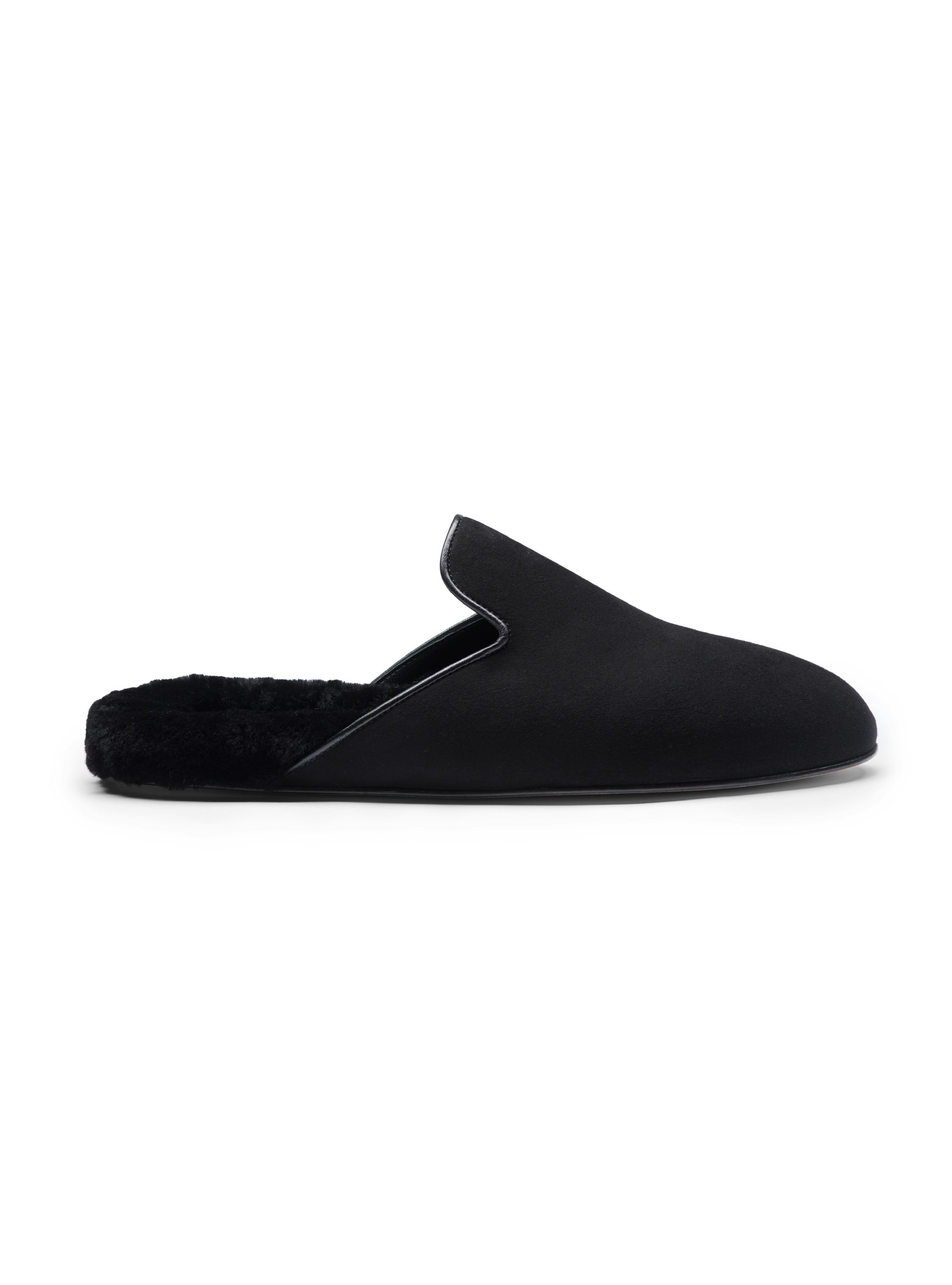 Men's Black suede slipper with black shearling footbed on a white background