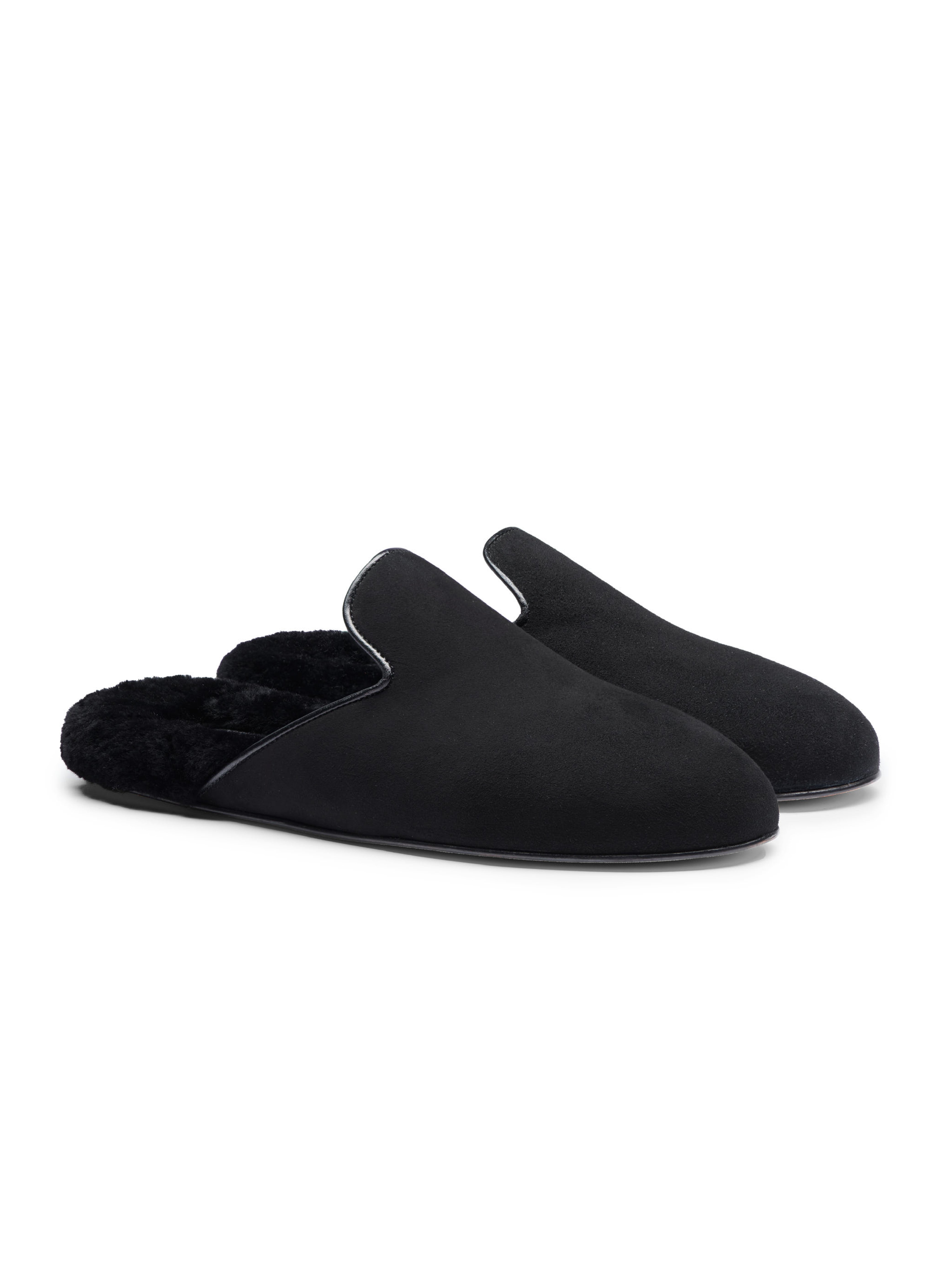 Men's Black suede slipper with black shearling footbed on a white background
