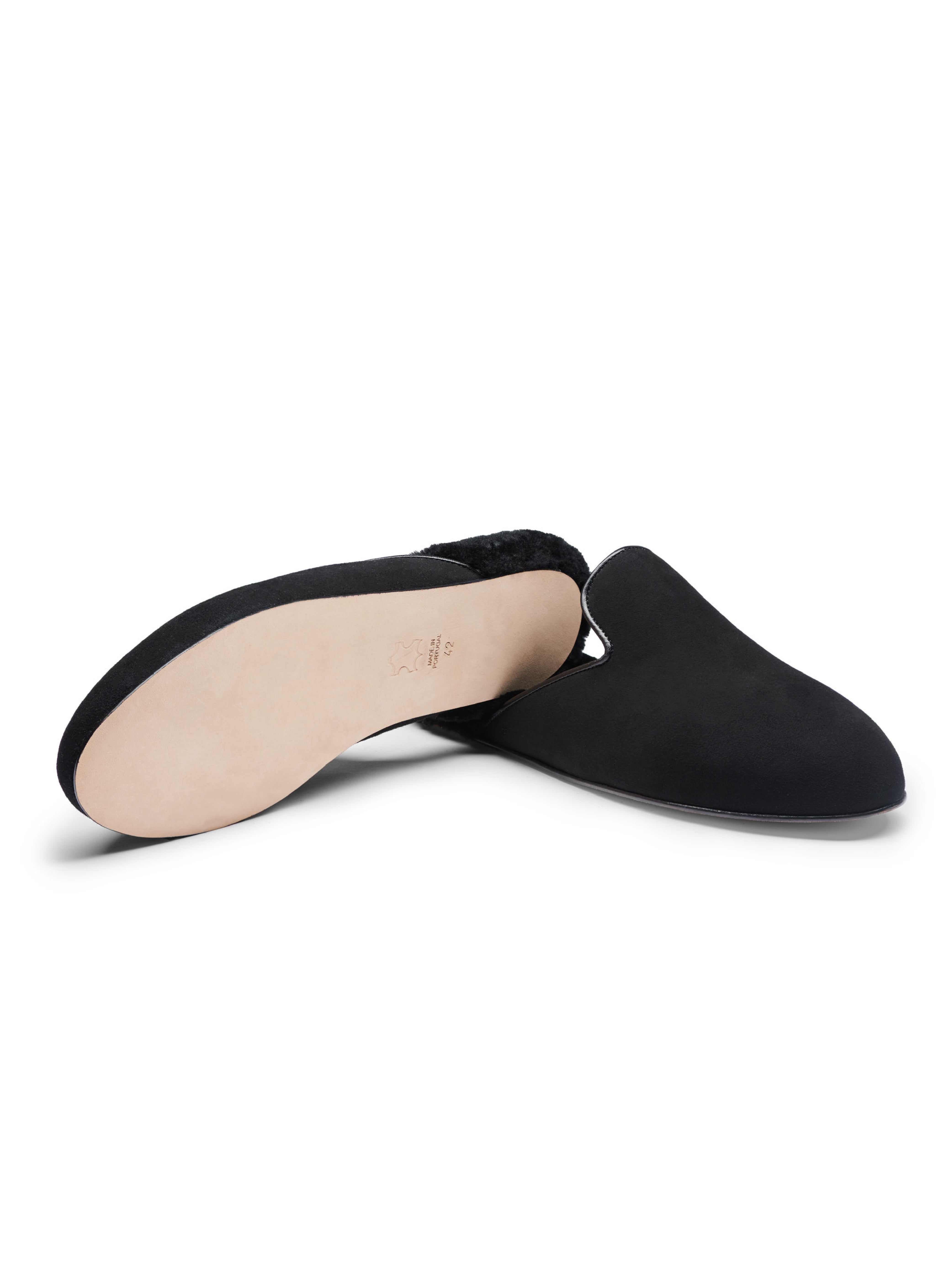 Men's Black suede slipper with black shearling footbed and leather outsole on a white background