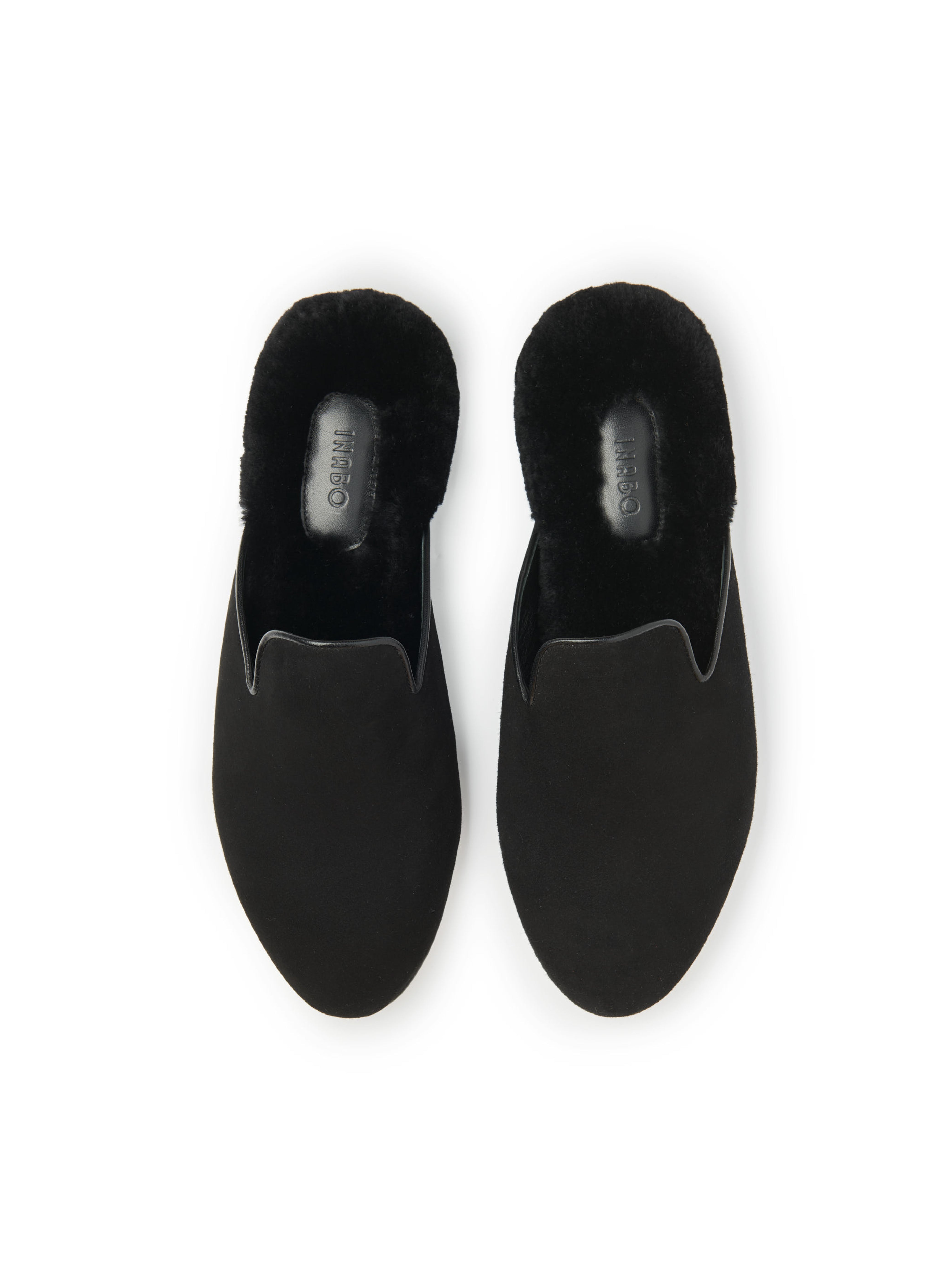 Men's Black suede slipper with black shearling footbed on a white background from INABO
