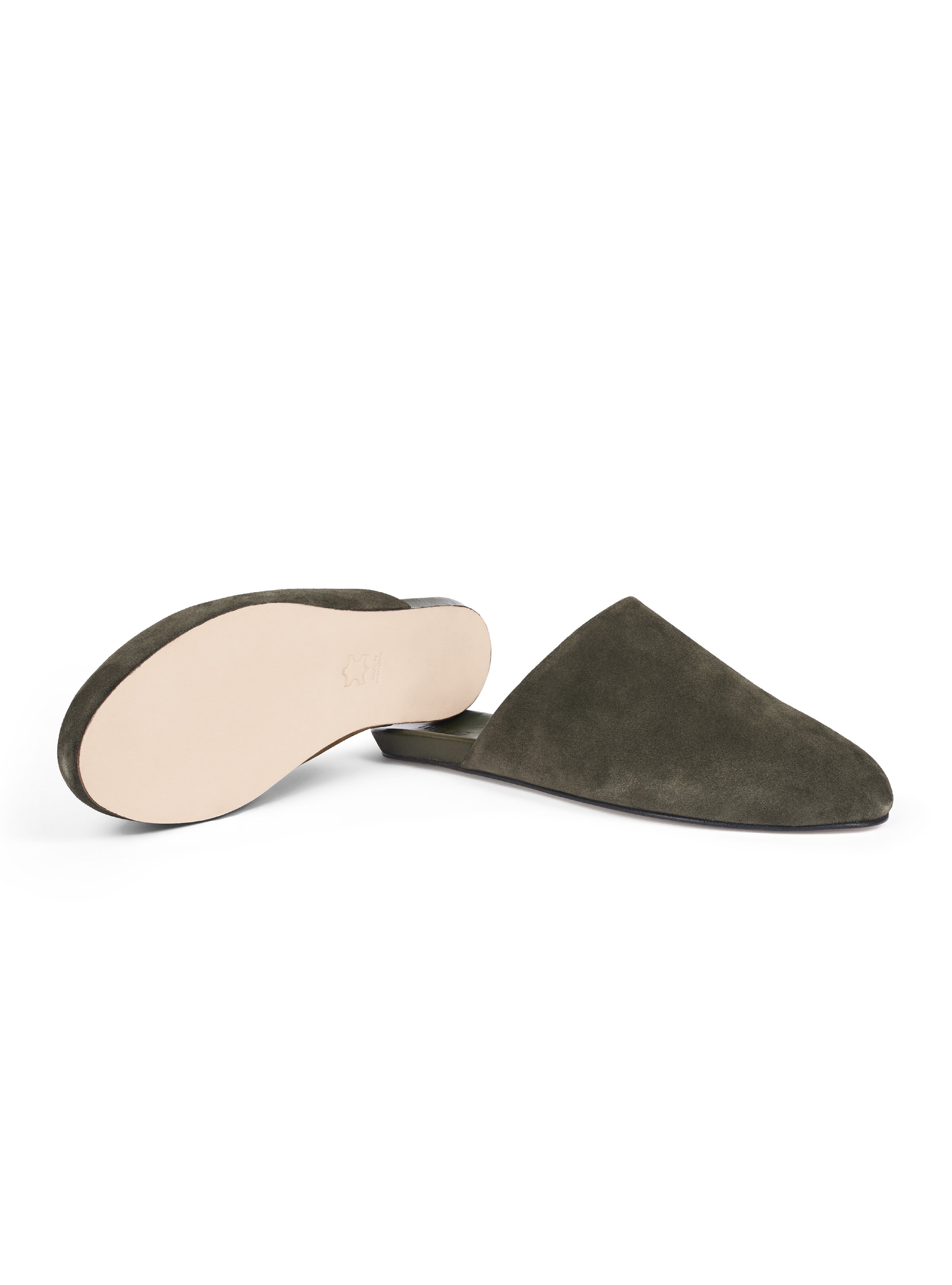 Men's pair of green suede suede slippers on a white background