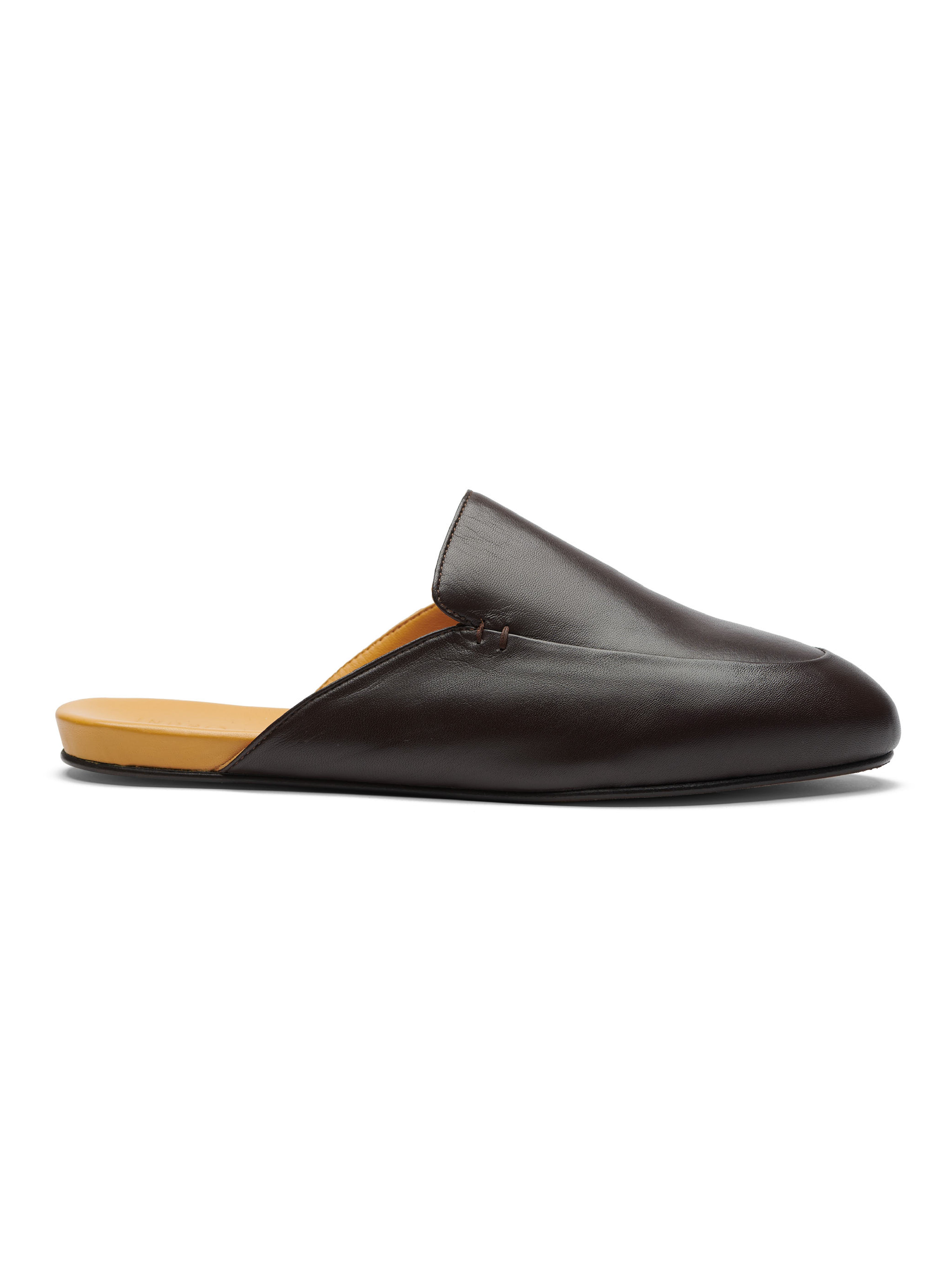 Men's dark brown leather slip-on loafer with a yellow sole on a white background