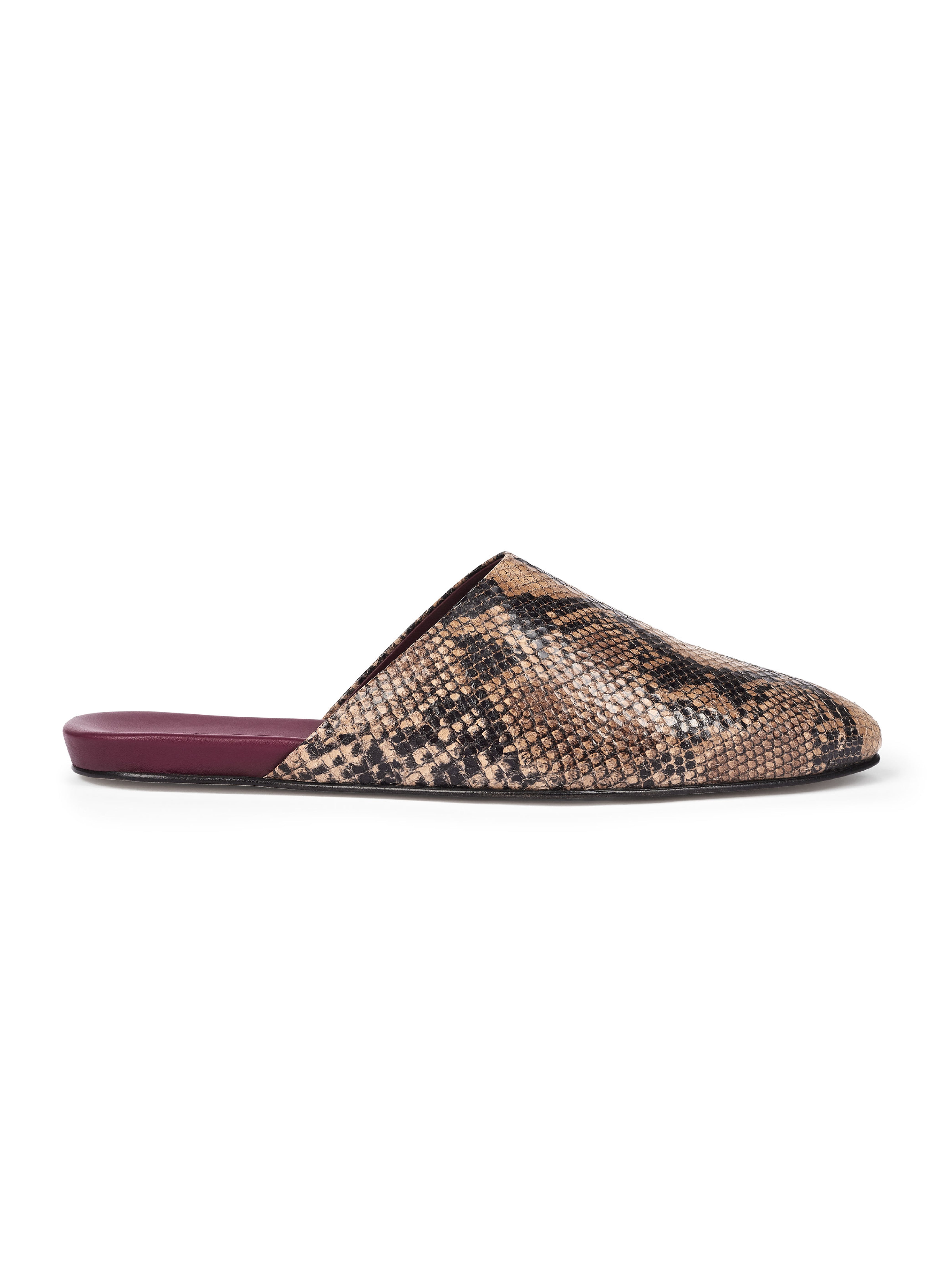 Women's snake pattern leather slipper with a burgundy insole on a white background.