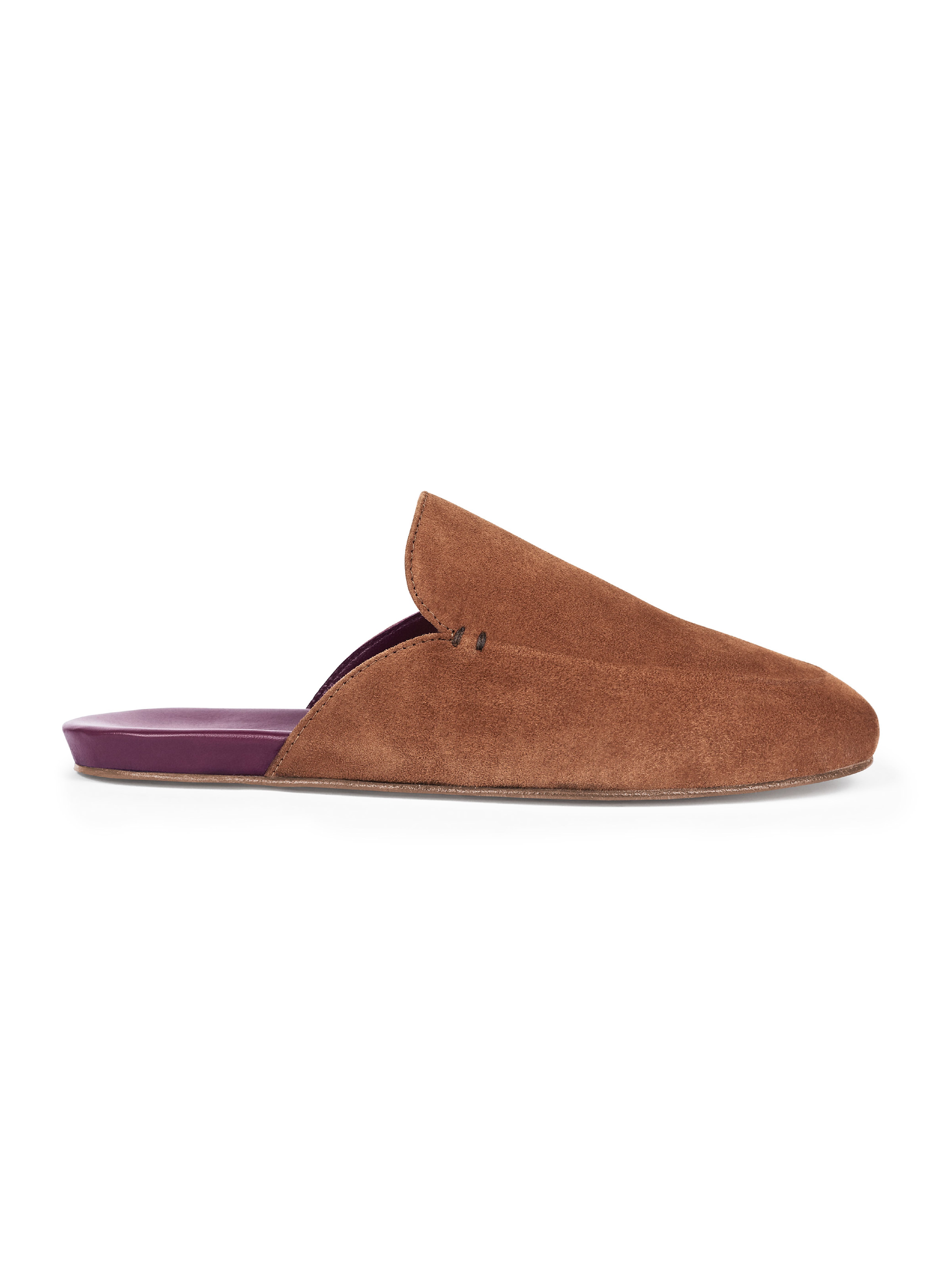 Women's brown suede slipper with burgundy sole on a white background