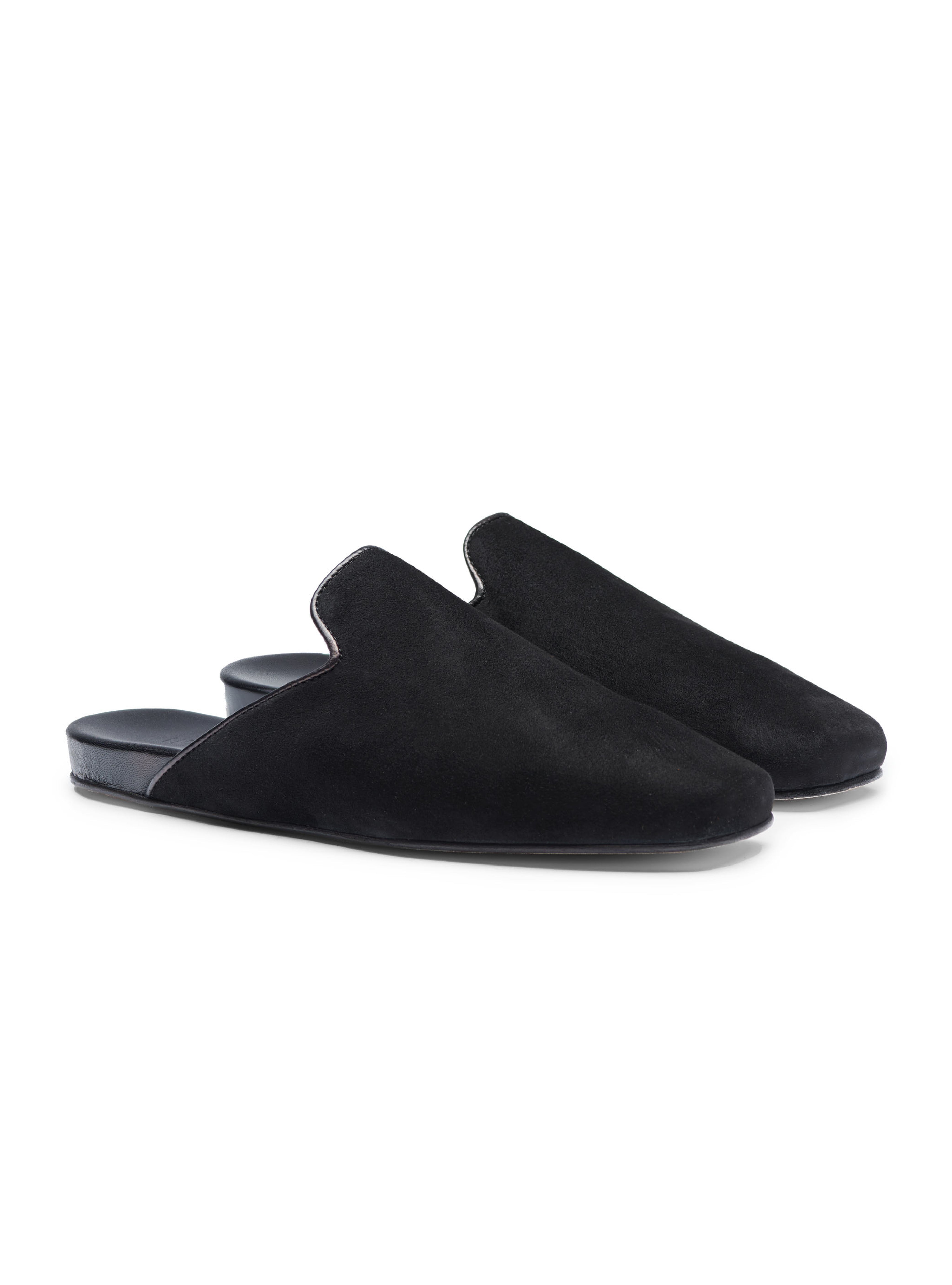 Women's pair of black suede slippers on a white background