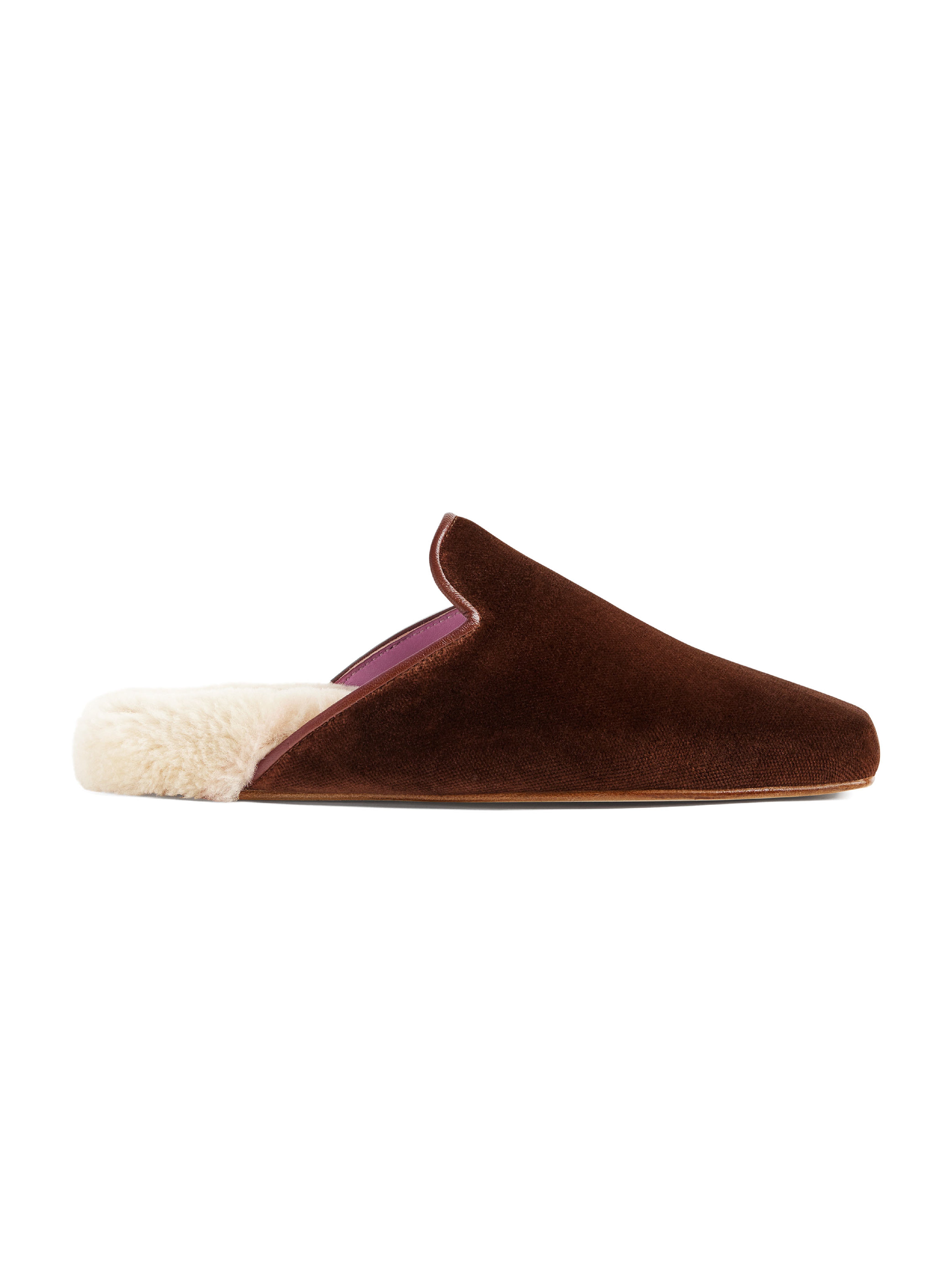 Women's brown velvet slipper with white lining on a white background