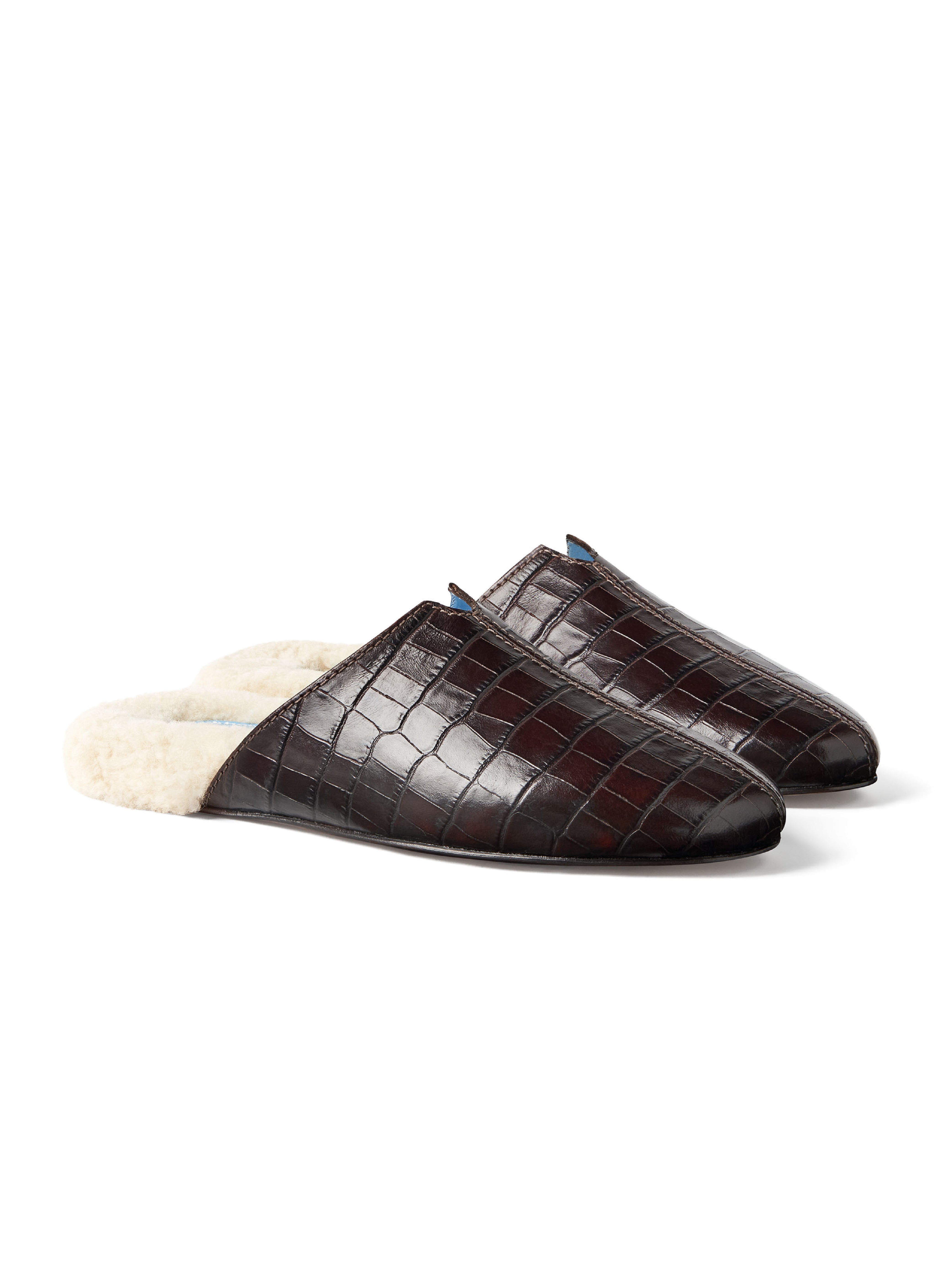 Women's pair of croc-embossed dark brown leather with fur lining on a white background.