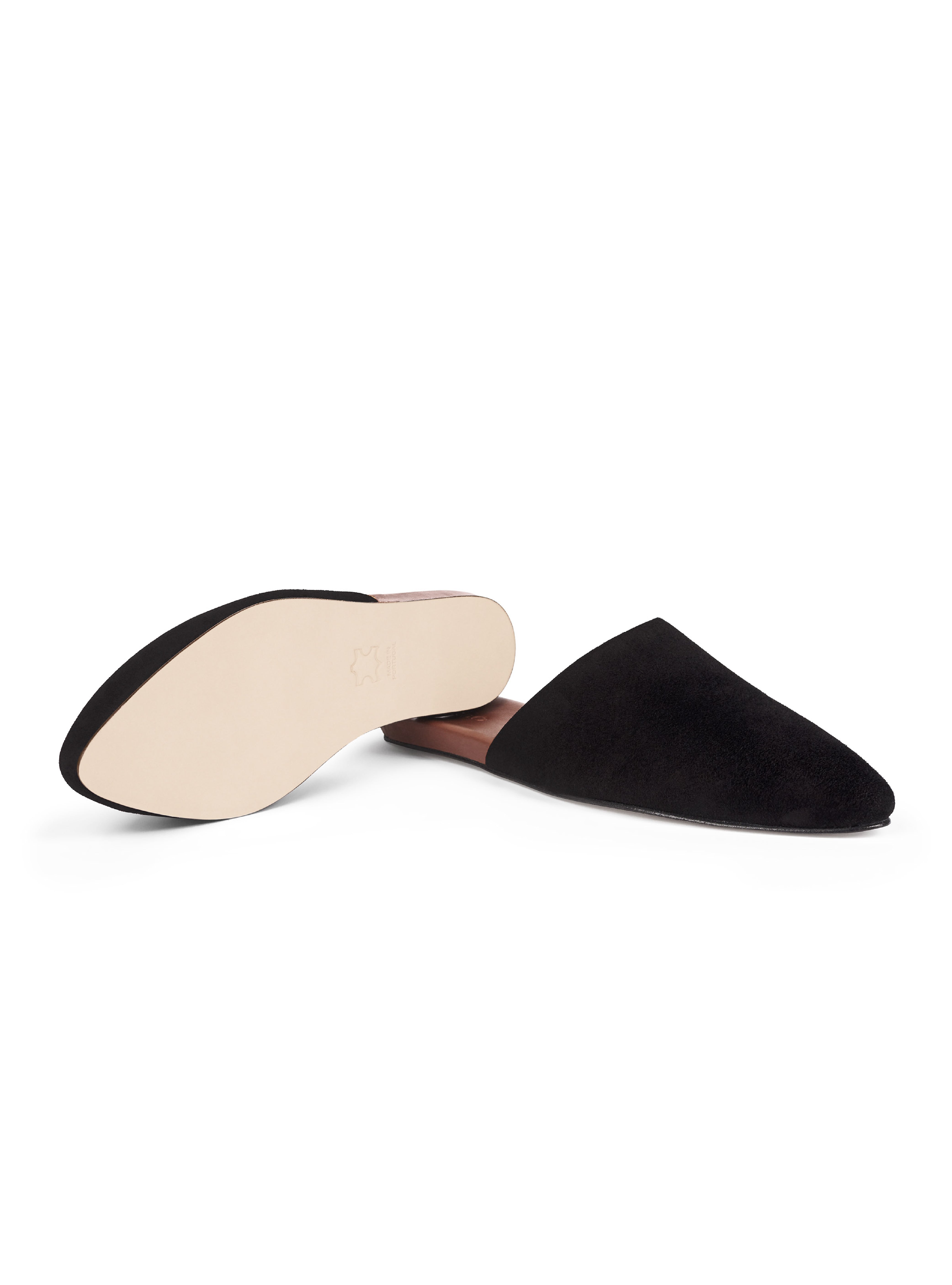 Women's black suede slip-on shoes with a leather outsole on a white background