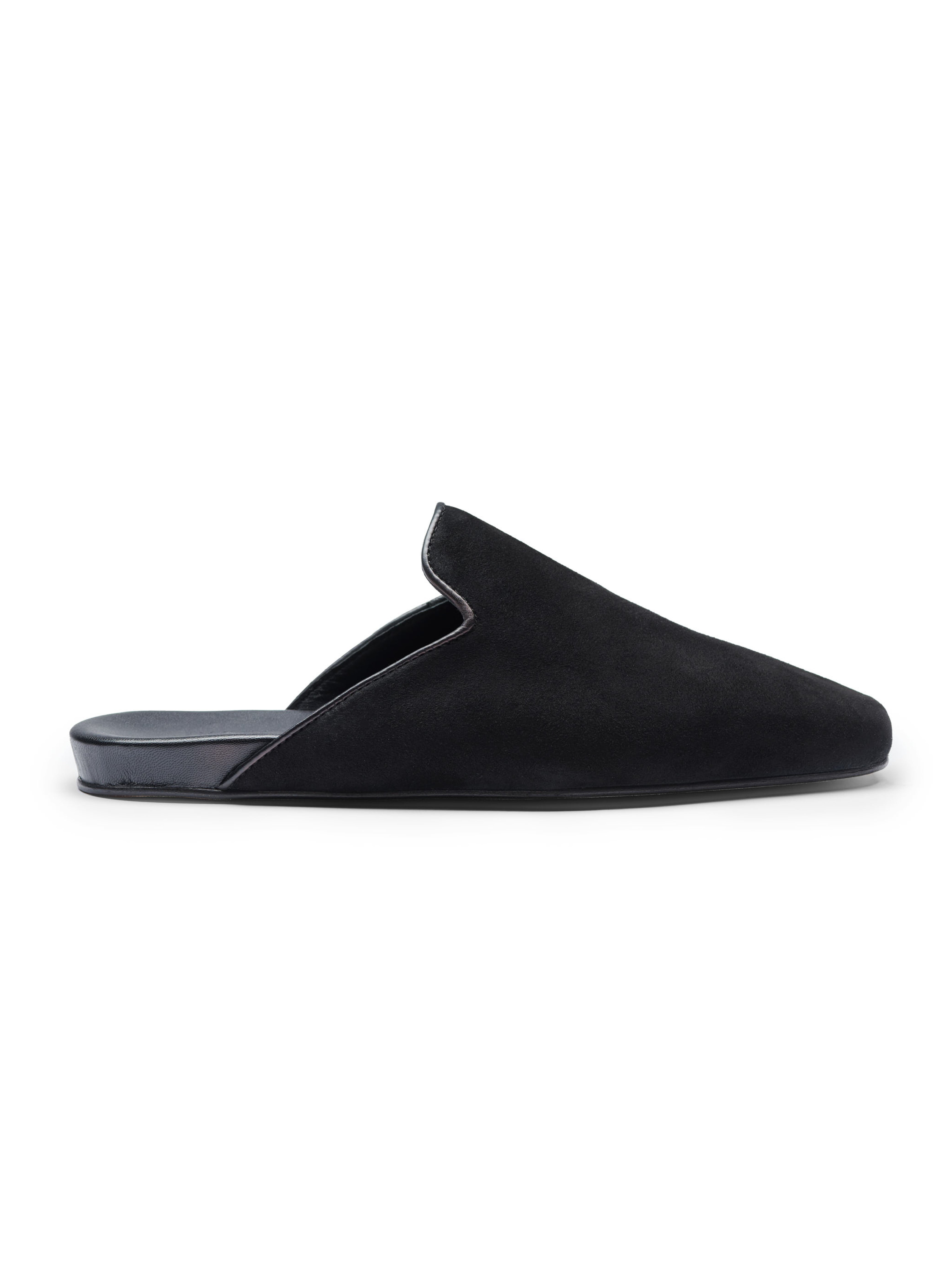 Women's black suede slipper on a white background